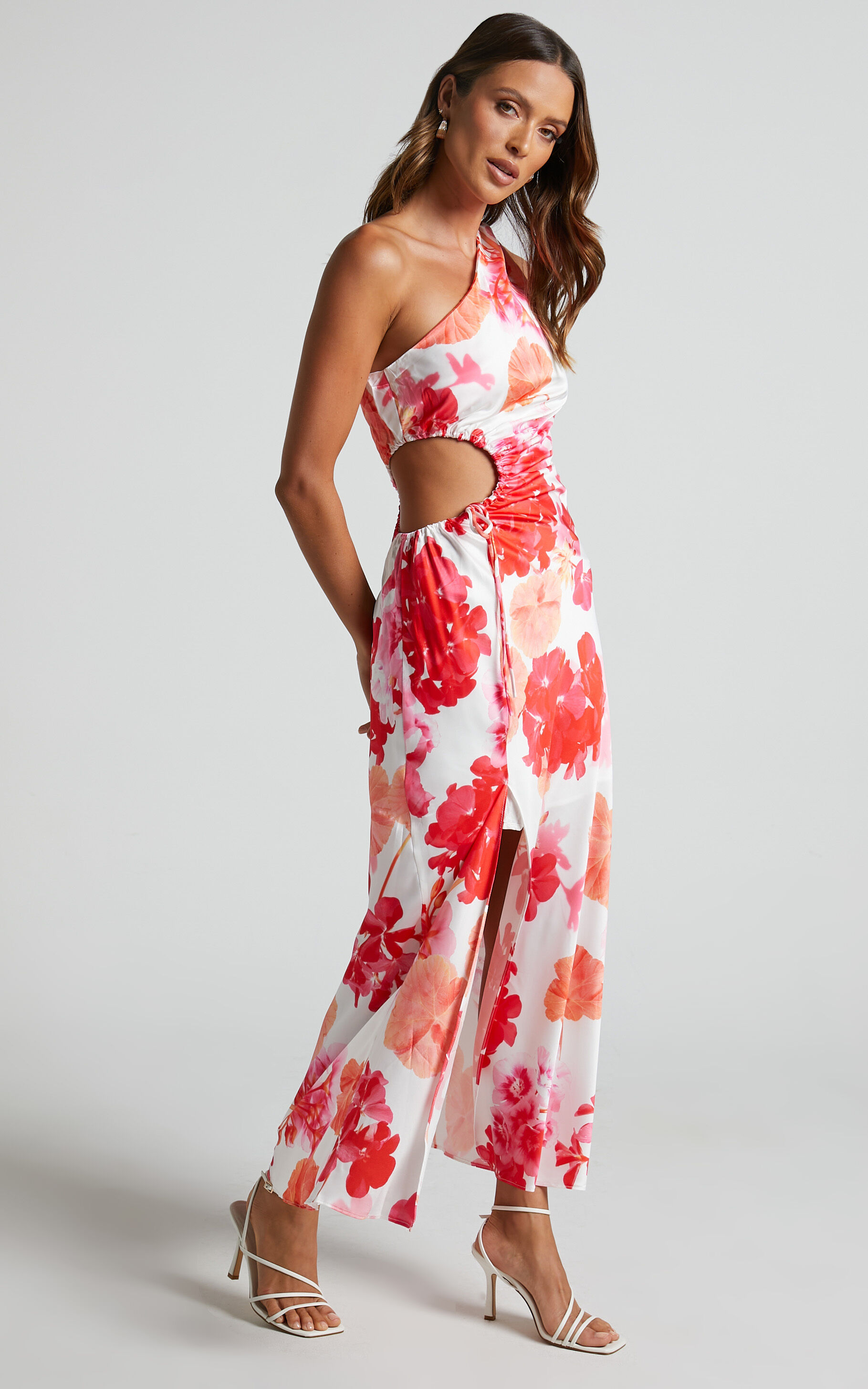 Leanora Maxi Dress - Side Cut Out One Shoulder Satin Dress in White Floral