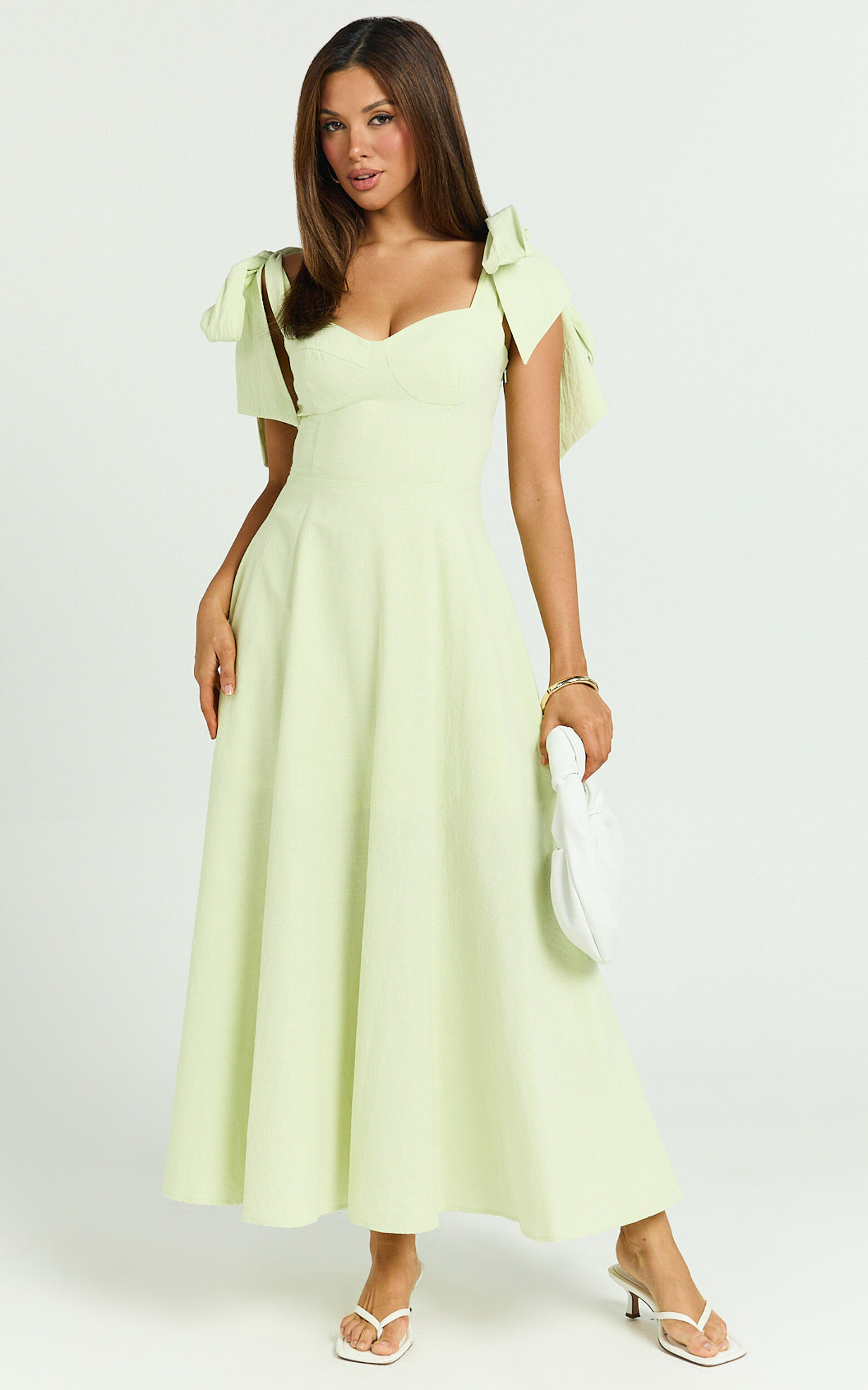 Tymia Midi Dress - Shoulder Tie Bustier Shirred Back A Line in Celery