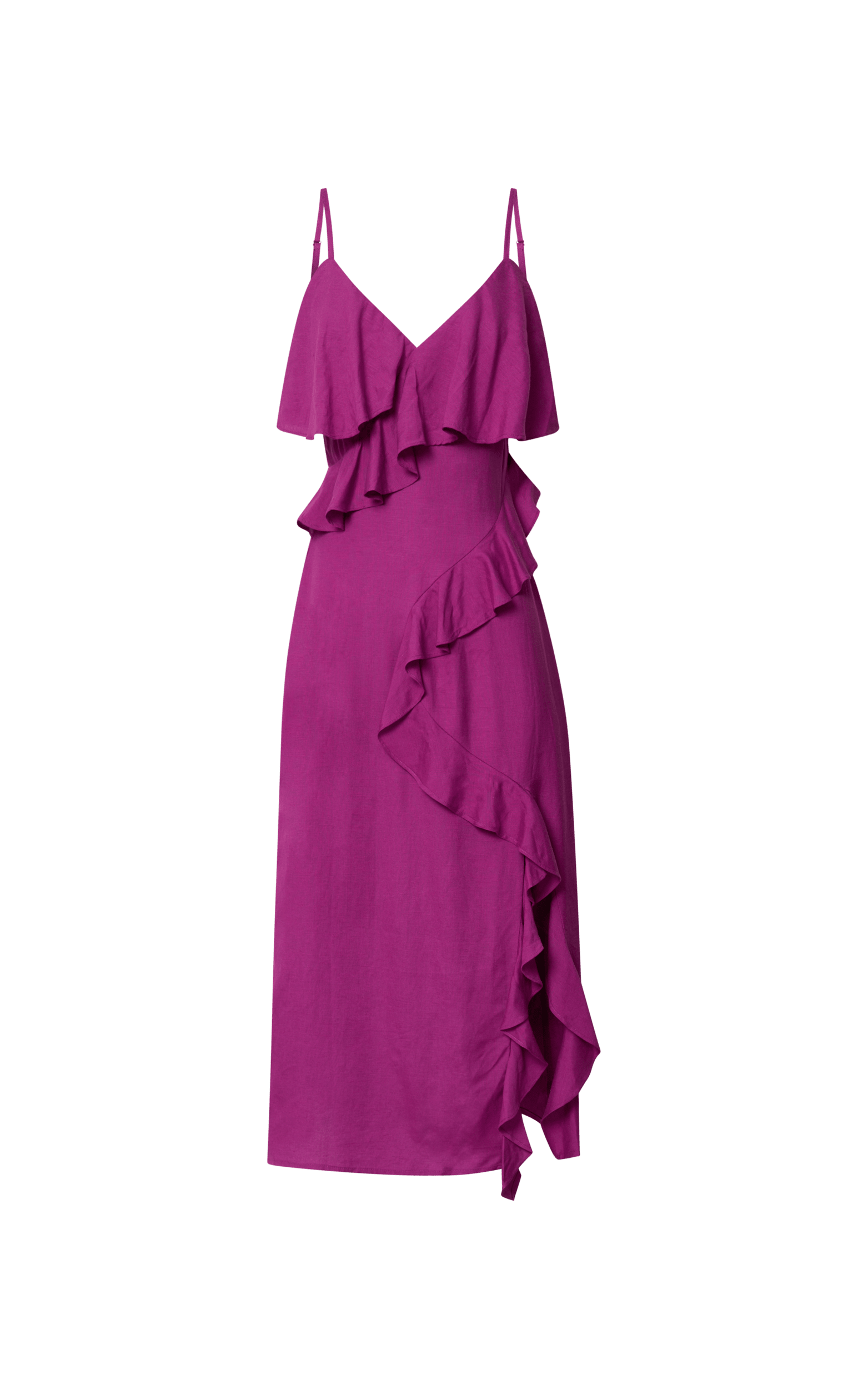 Pearline Midi Dress - Linen Frill Detail Thigh Split Slip Dress in Grape