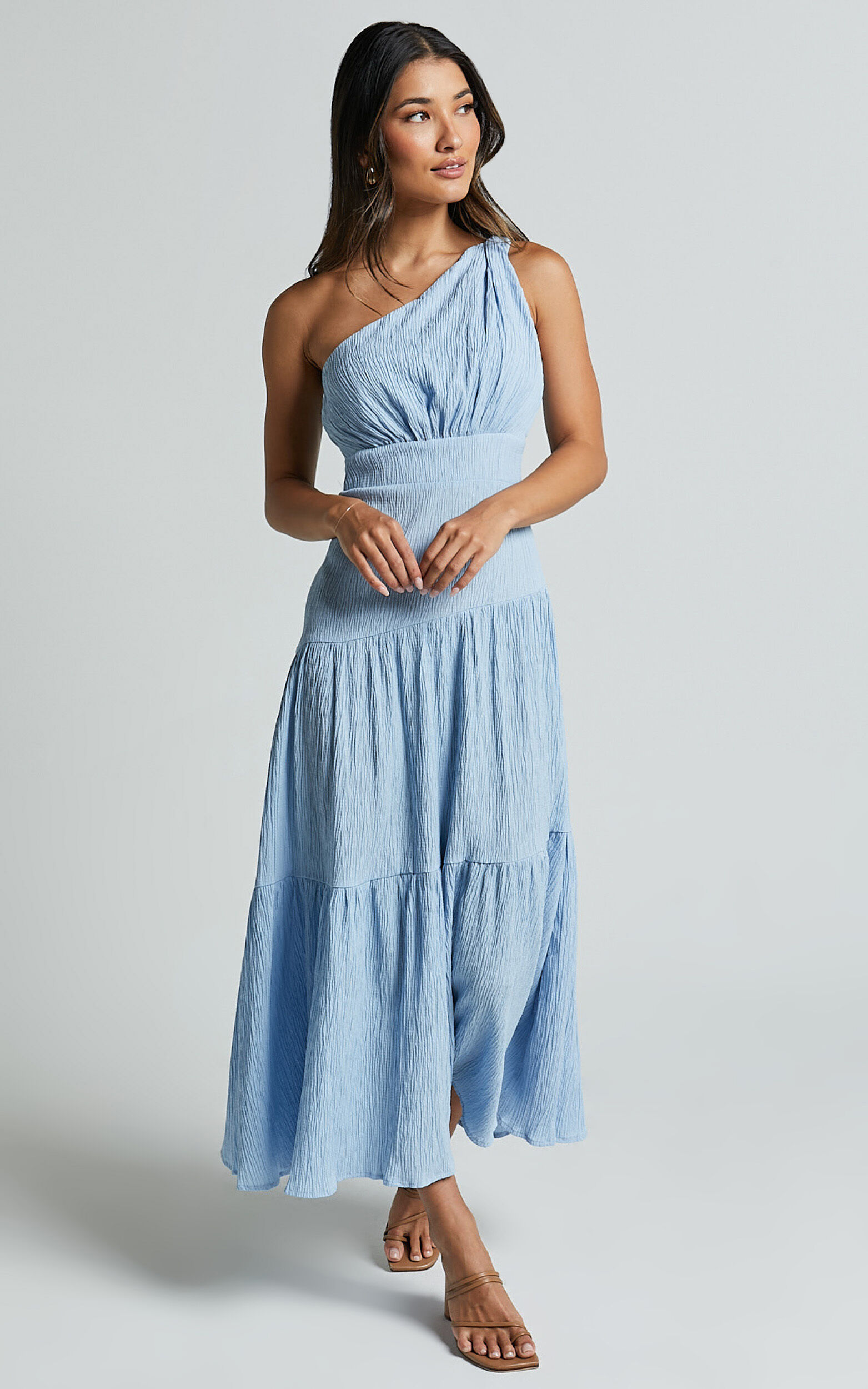 Celestia Midi Dress - Tiered One Shoulder Dress in Soft Blue