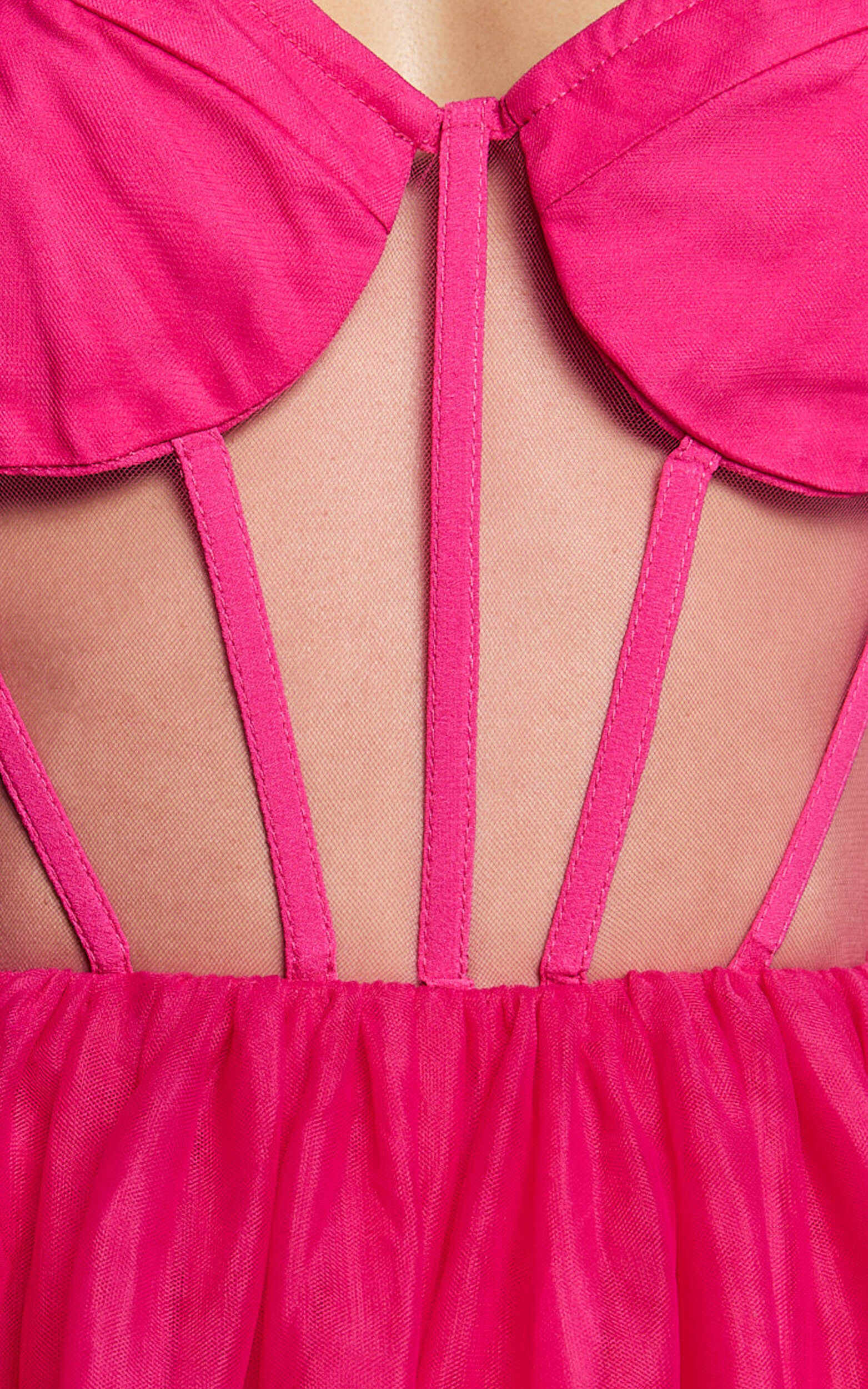 Ariel Maxi Dress - Tiered Tulle Bustier Halter Dress in Hot Pink