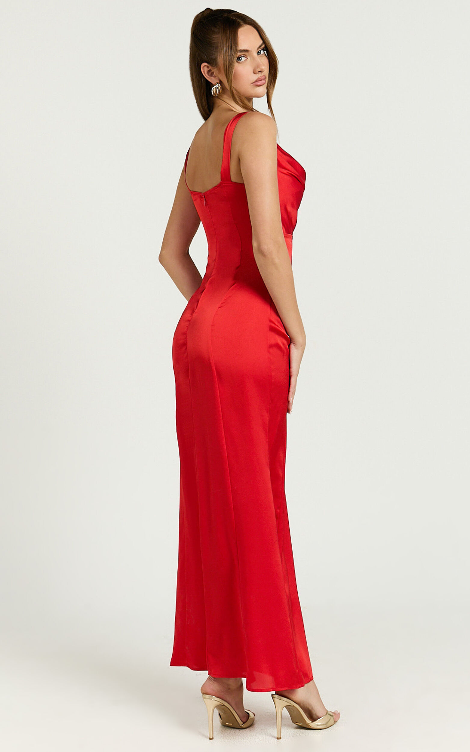 Grace Maxi Dress - Cowl Neck Satin Slip Dress in Coral Red