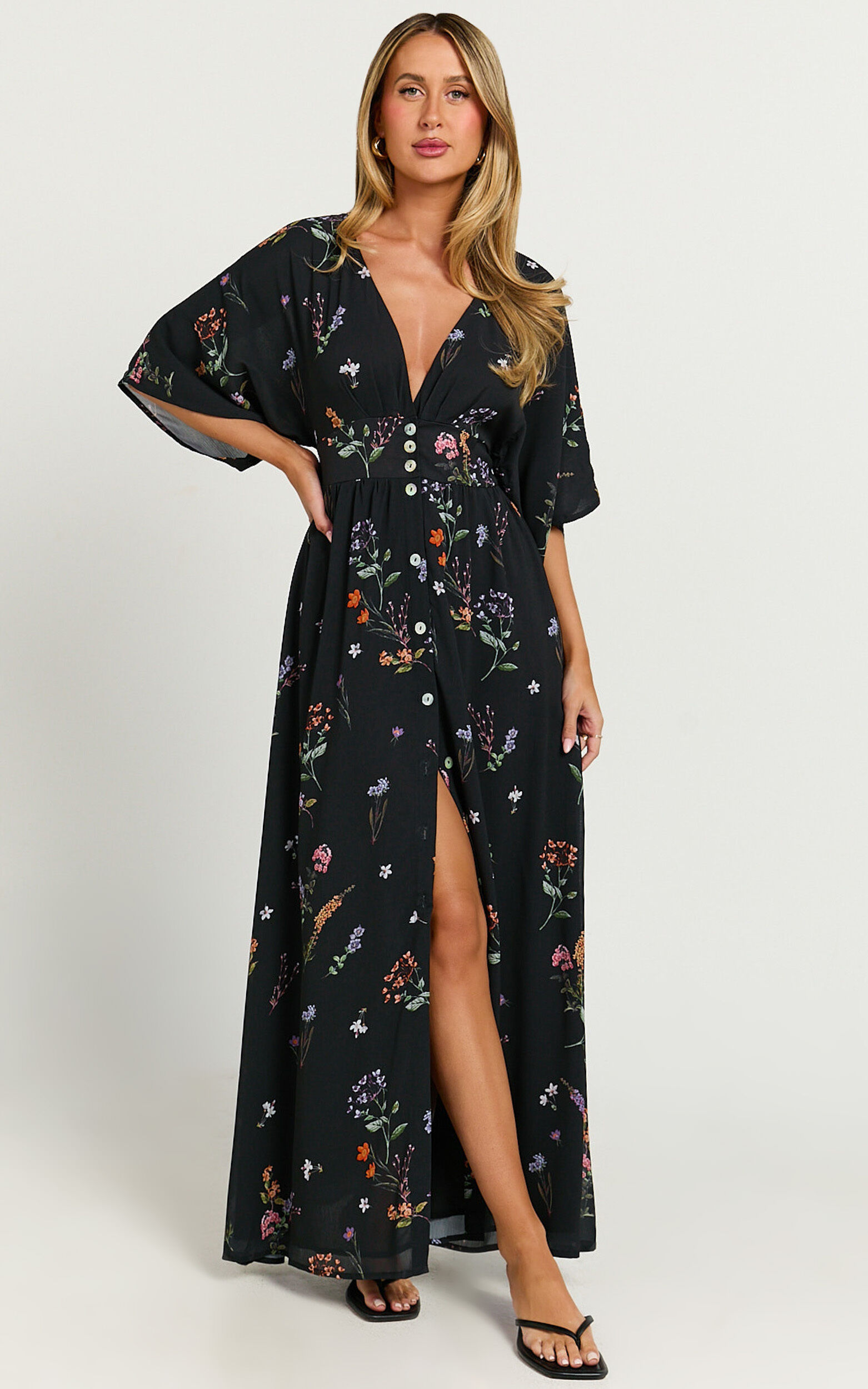 Inka Midi Dress - Short Sleeve Button Down Dress in Black Flower Field