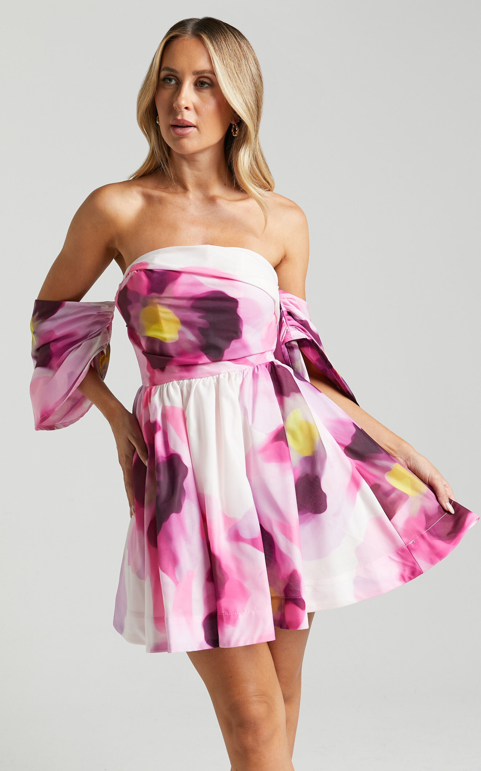 Claudie Off Shoulder Mini Dress in Zinnia Bloom