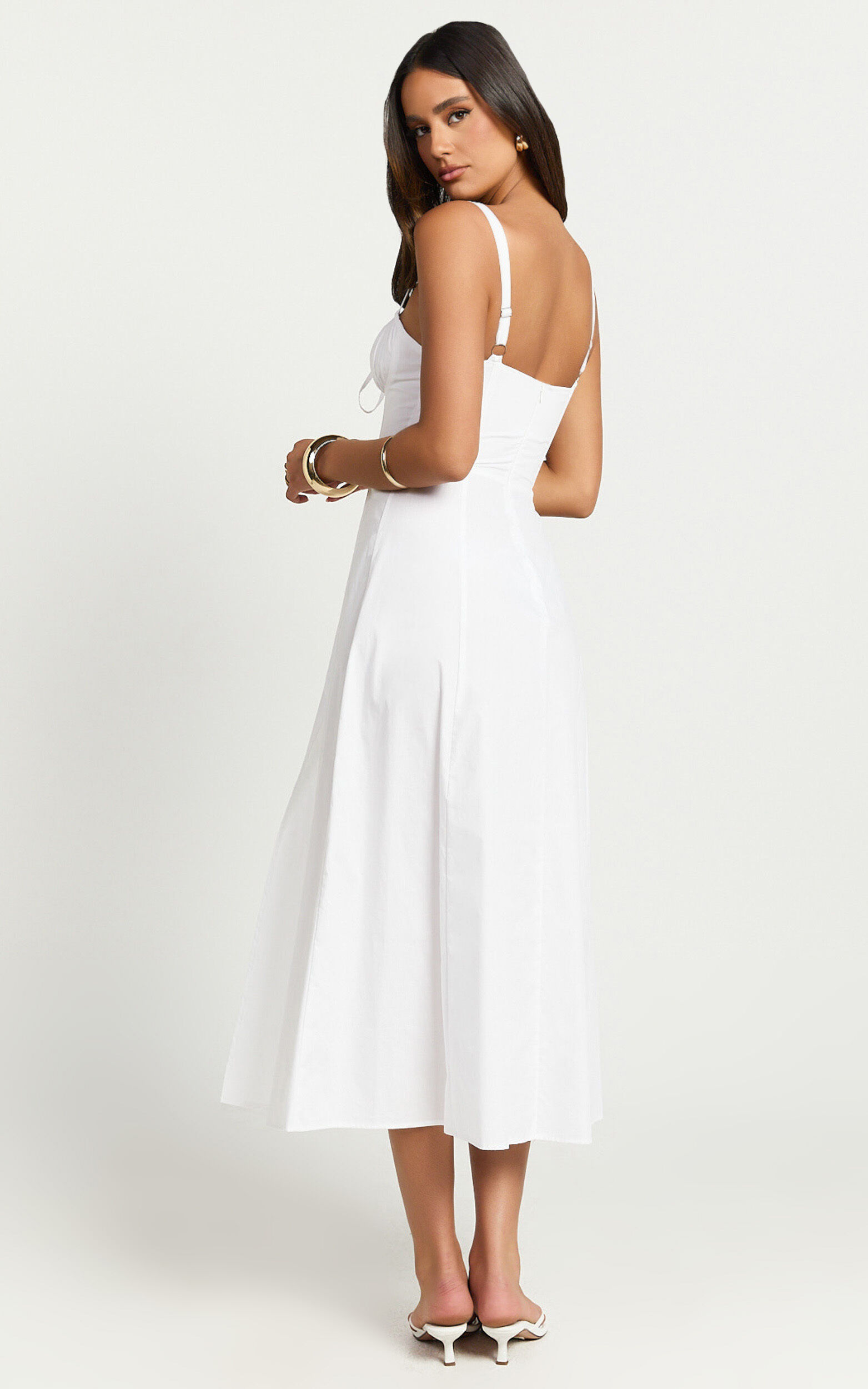 Maiya Midi Dress - Tie Front Fitted Bodice Dress in White