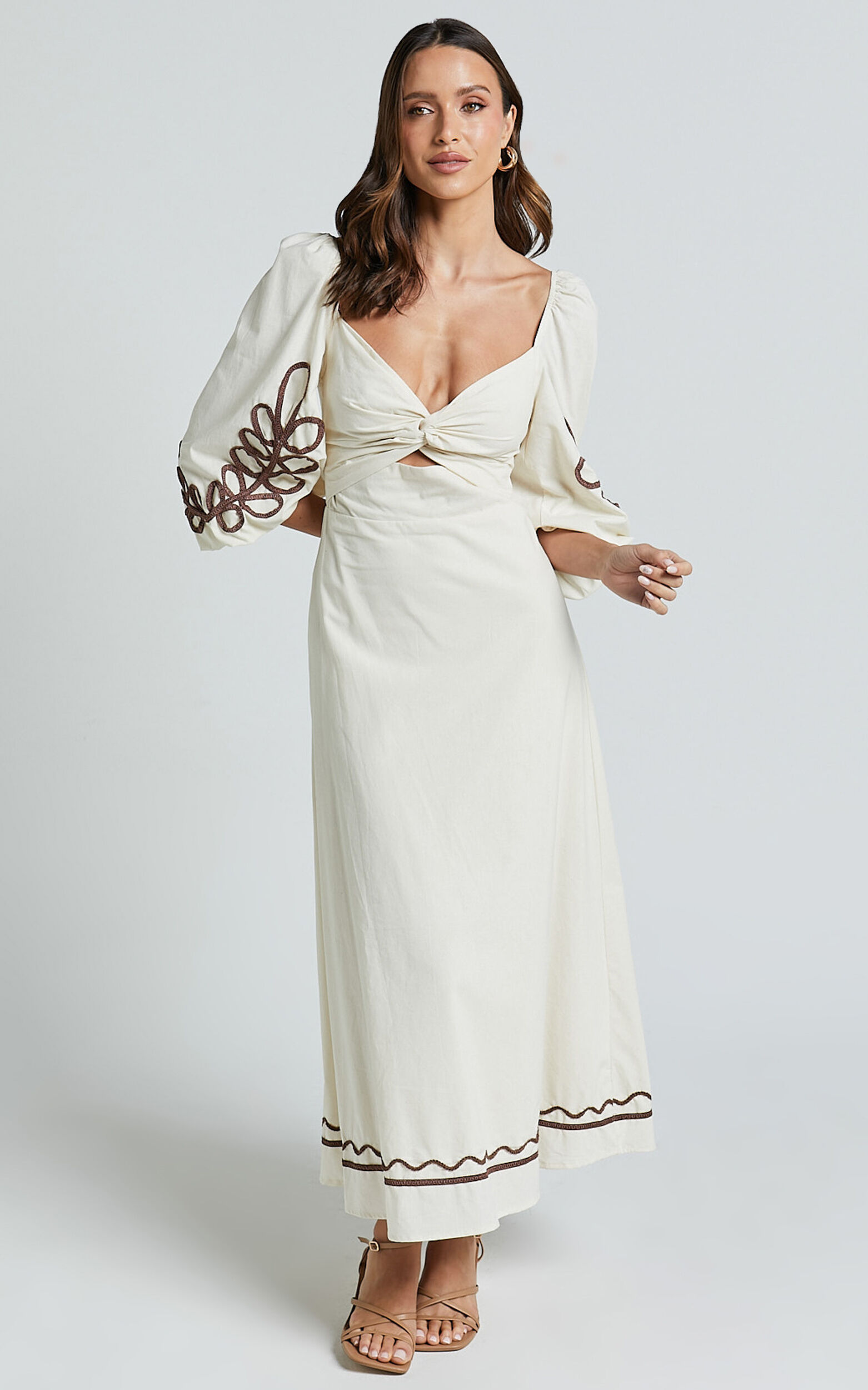 Isadora Midi Linen Dress - Cut Out Long Sleeve Contrast Embroidery Dress in Natural