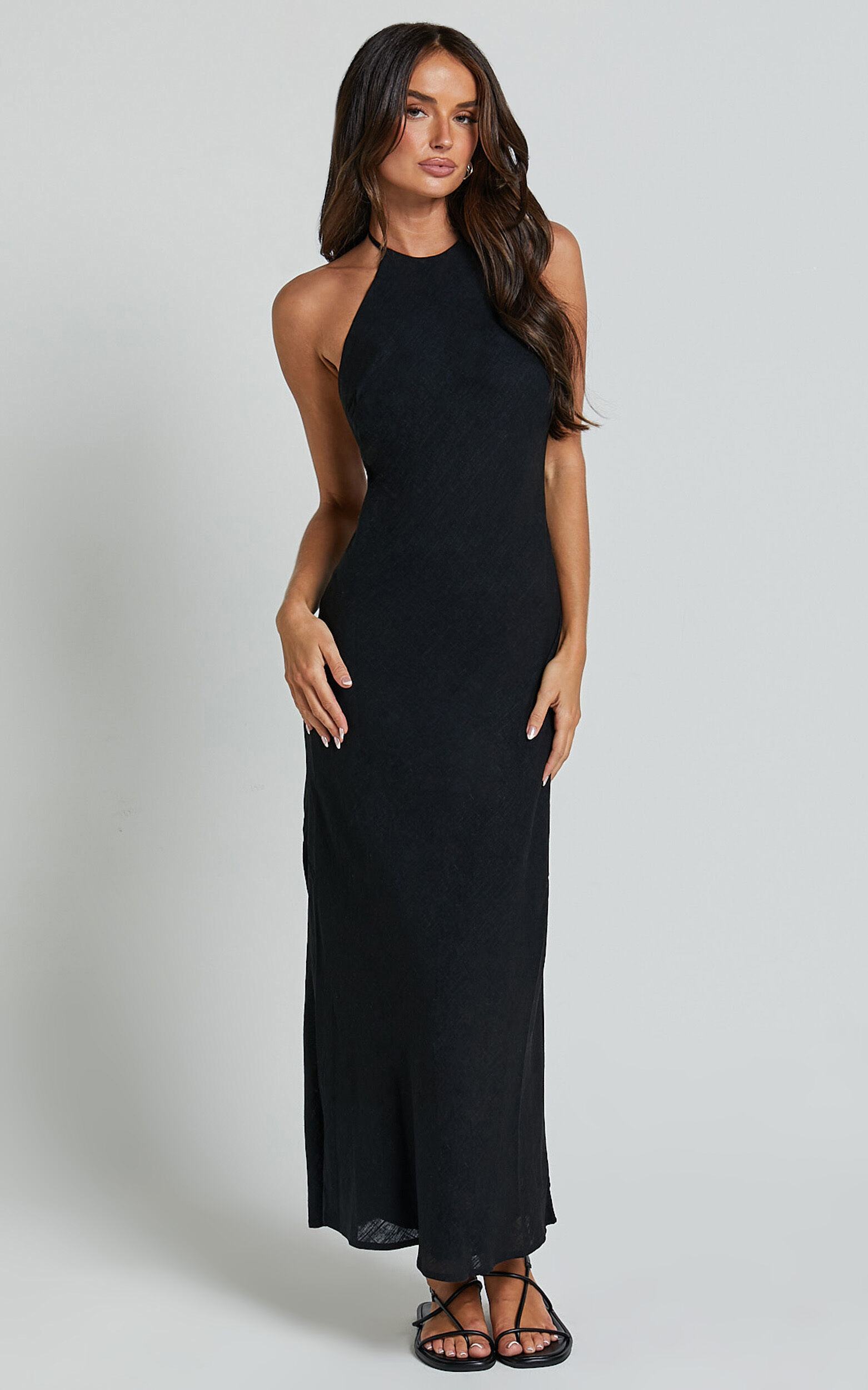Cyrena Maxi Dress - Linen Halter Neck Sleeveless Slip Dress in Black