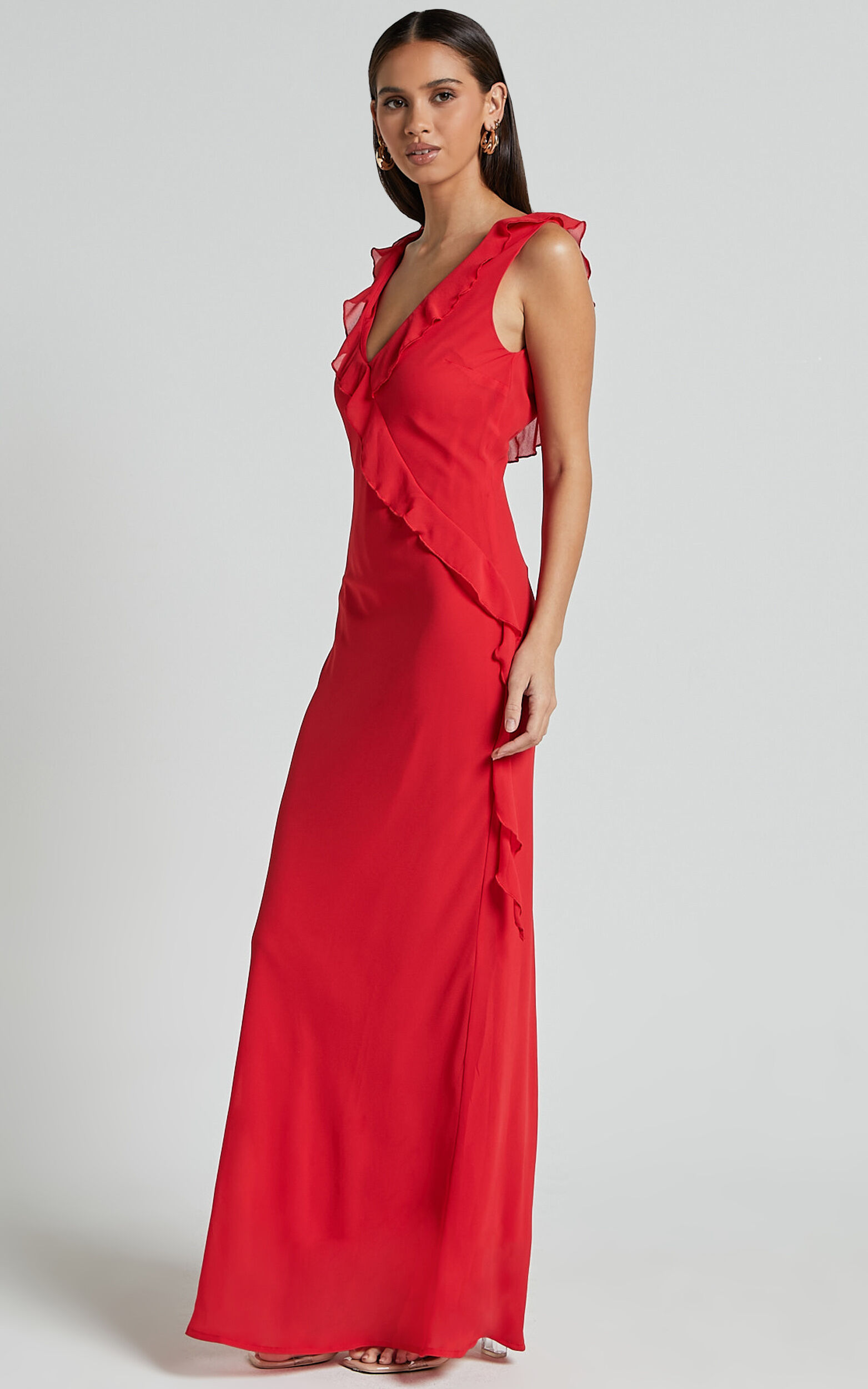 Laurie Midi Dress - Plunge Frill Detail Slip Dress in Red