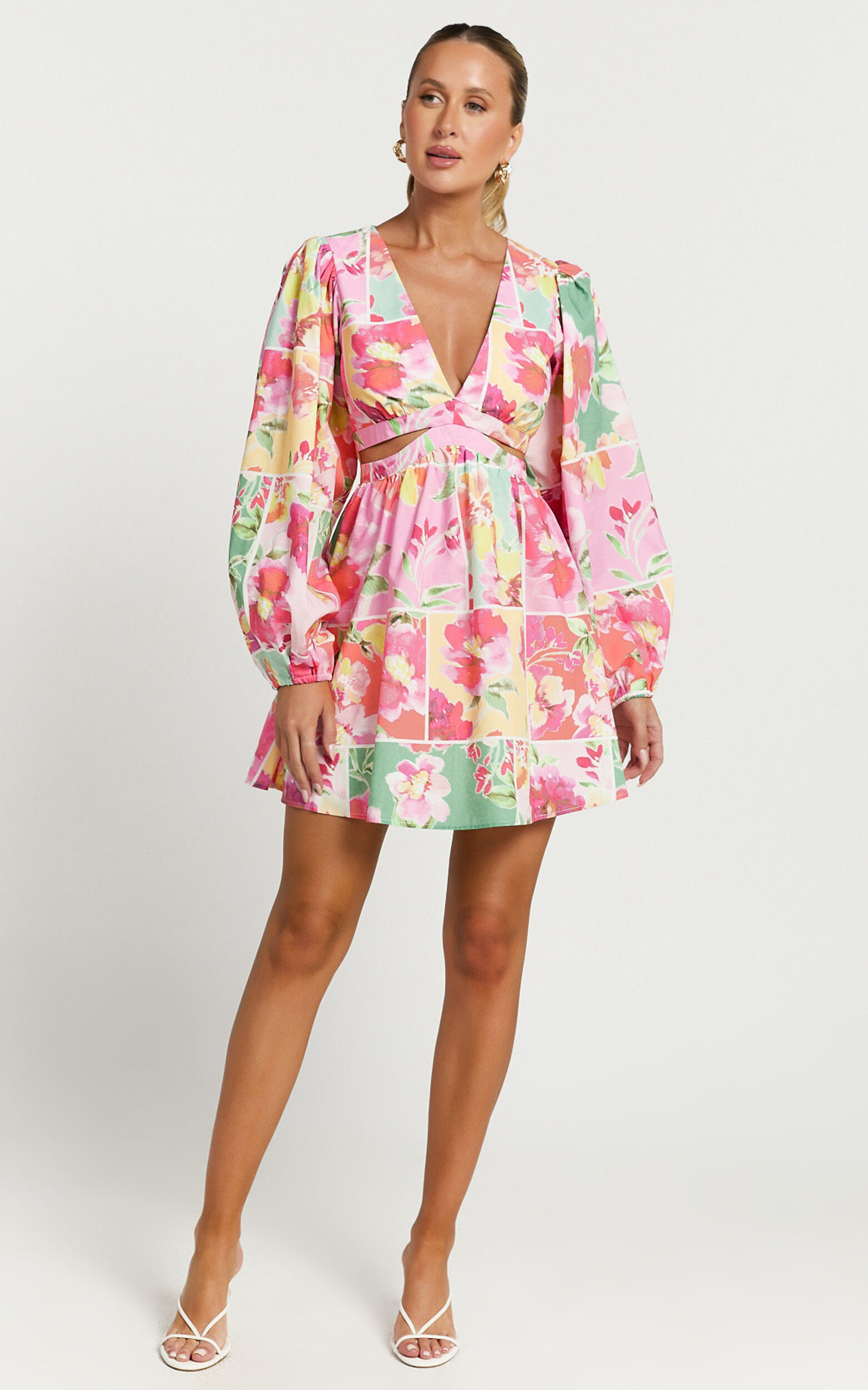 Emily Mini Dress - V Neck Long Sleeve Cut Out Dress in Blurred Patchwork Floral
