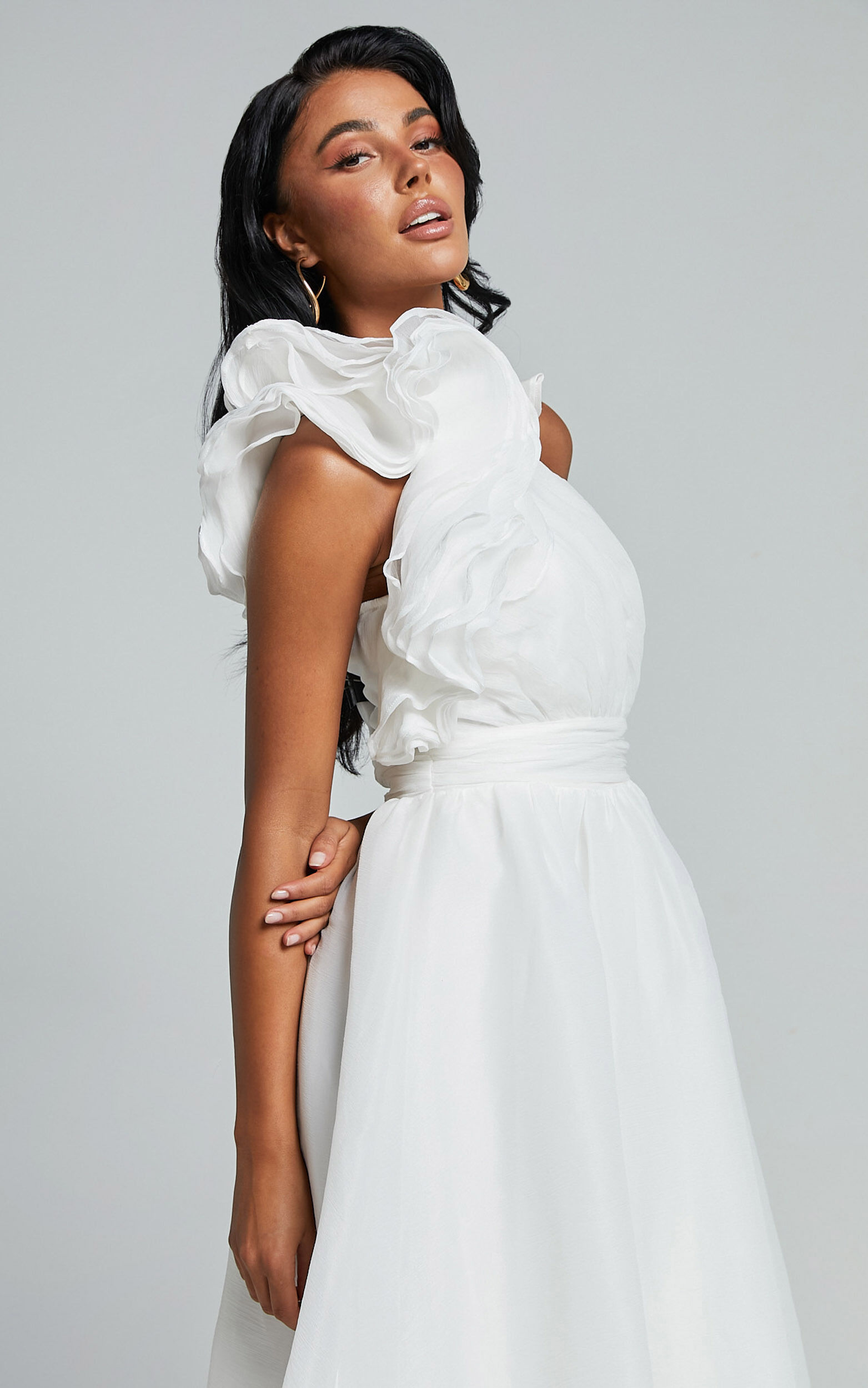 Tia Midi Dress - One Shoulder Frill Detail Fit & Flare Dress in White