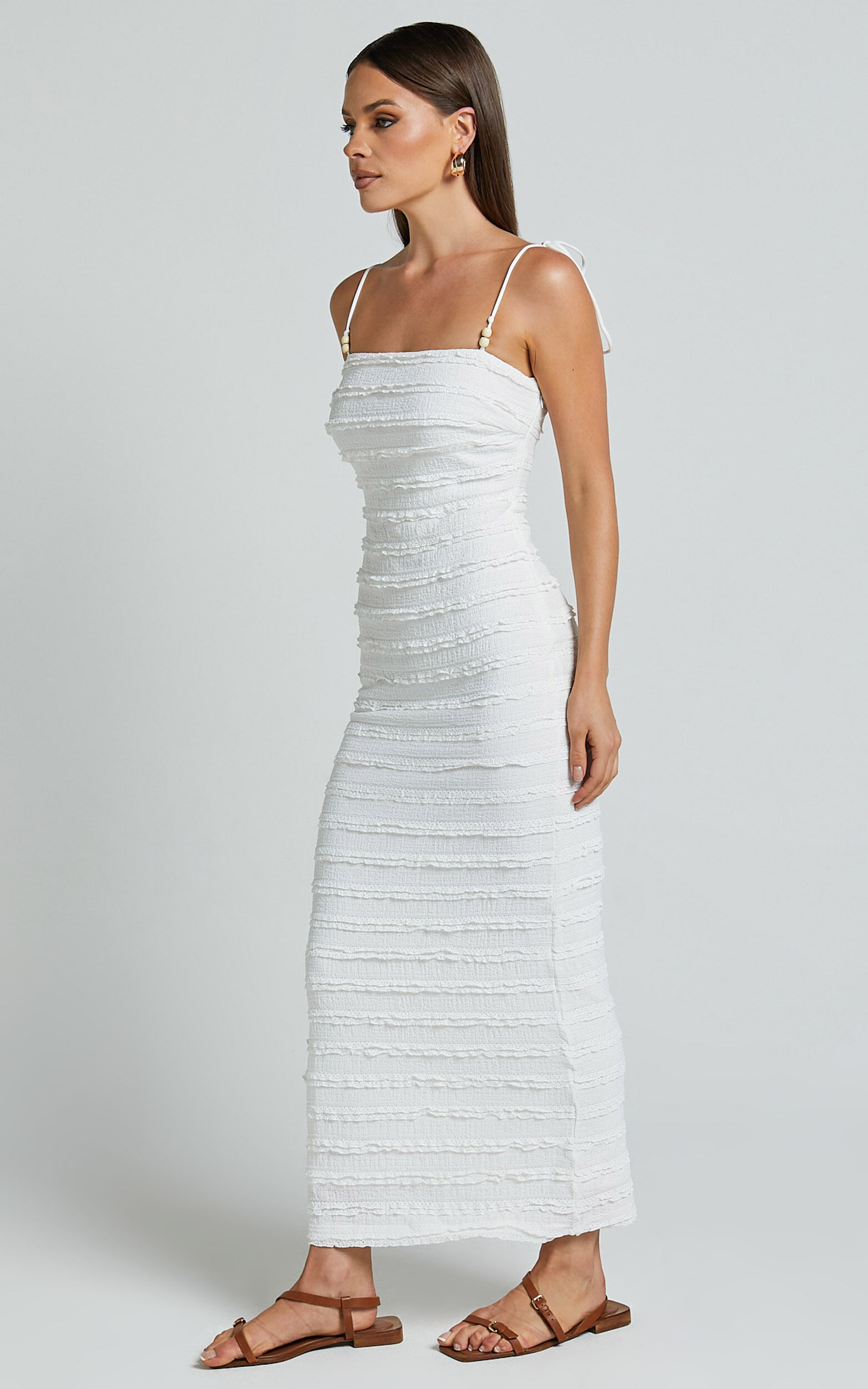 Alanna Midi Dress - Textured Midi Dress With Tie Straps in White