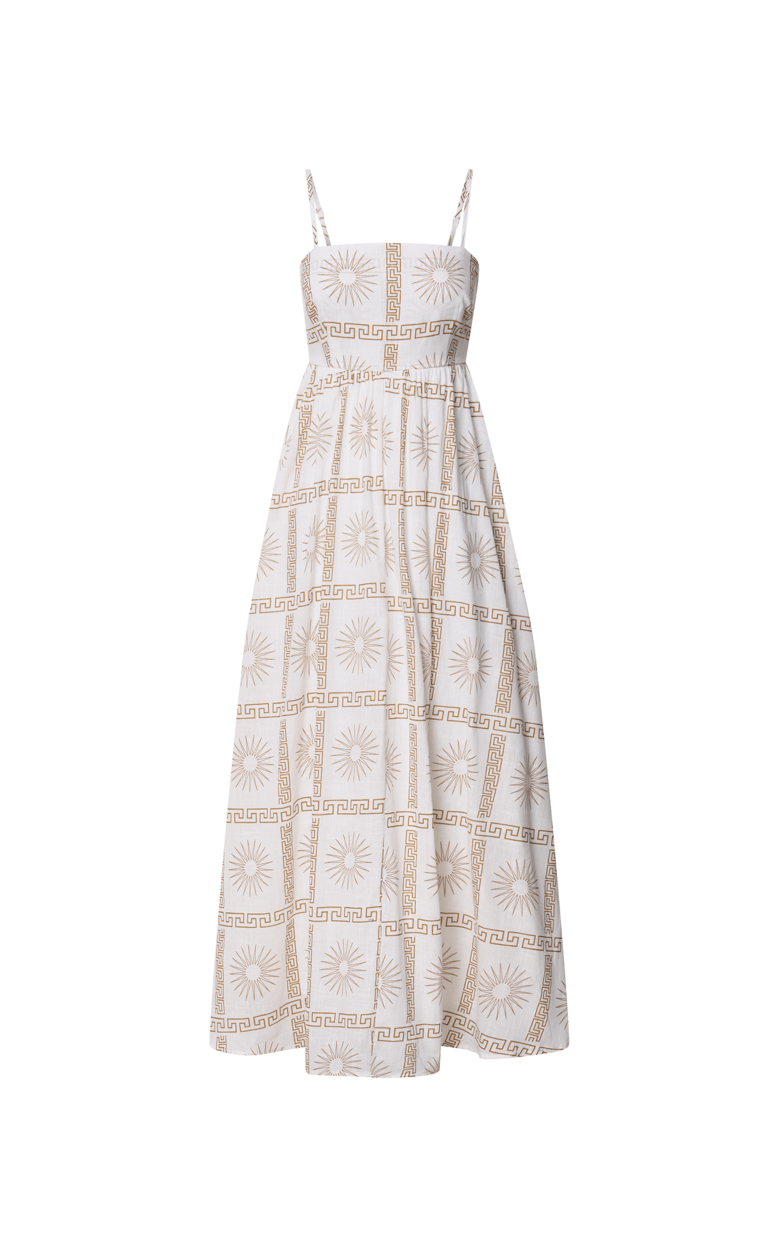 Abbey Maxi Linen Dress - Strappy Straight Neck A Line Dress in White & Brown Sun Print