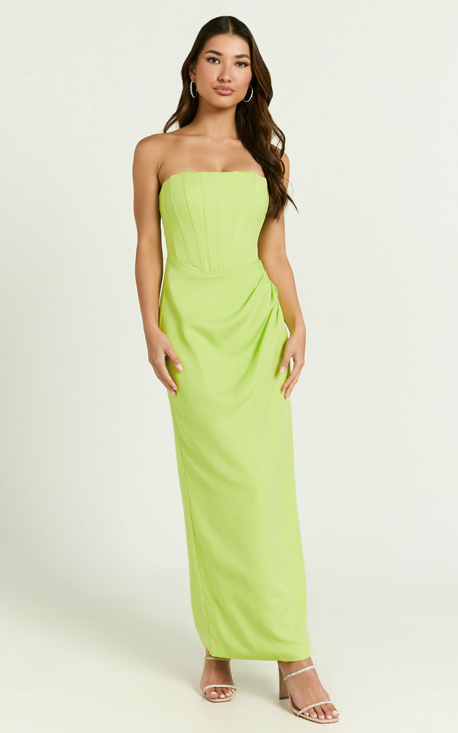 Avery Midi Dress - Strapless Draped Side Split Dress in Lime
