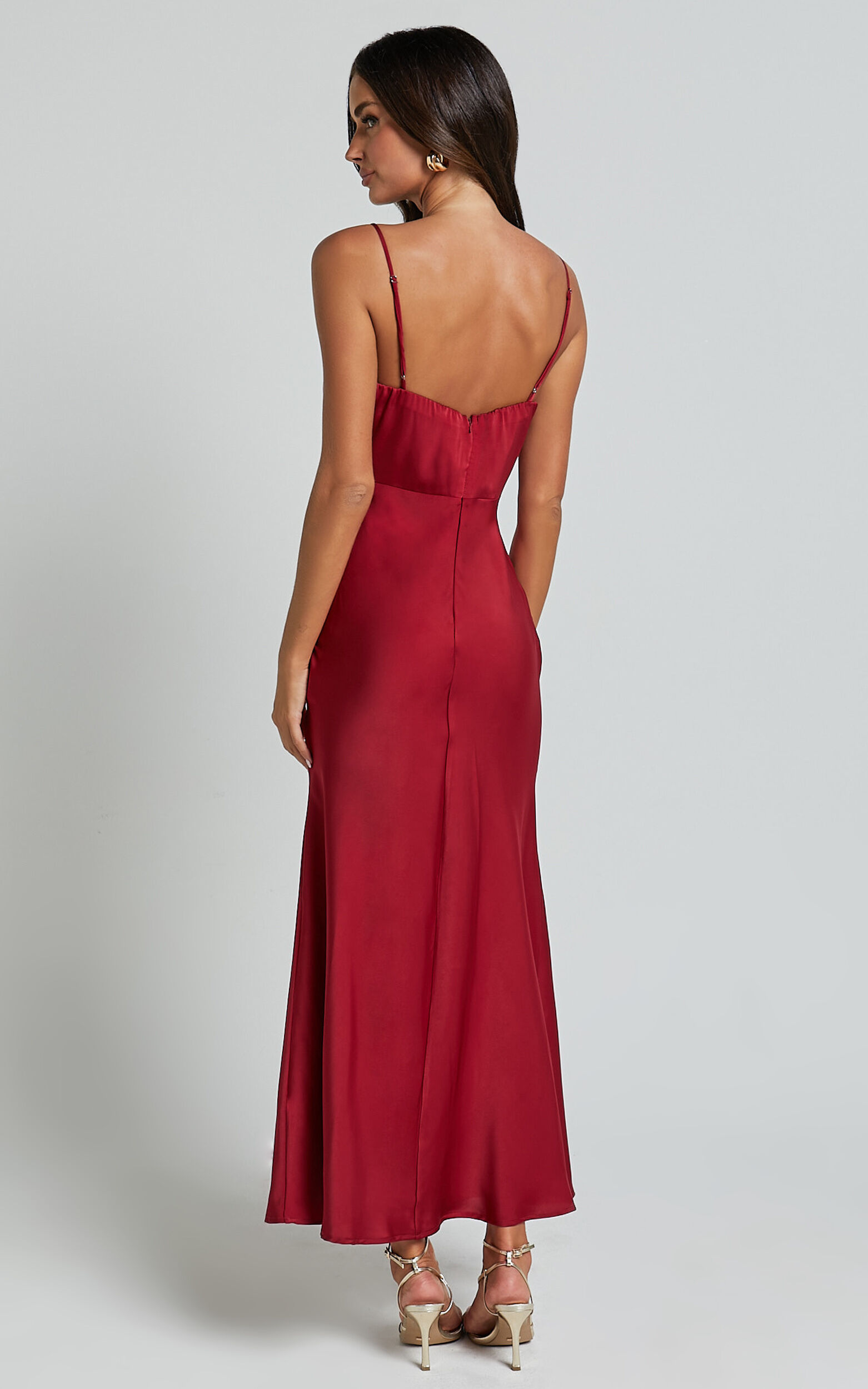 Jovana Midi Dress - Bust Panel Detail Satin Slip Dress in Wine