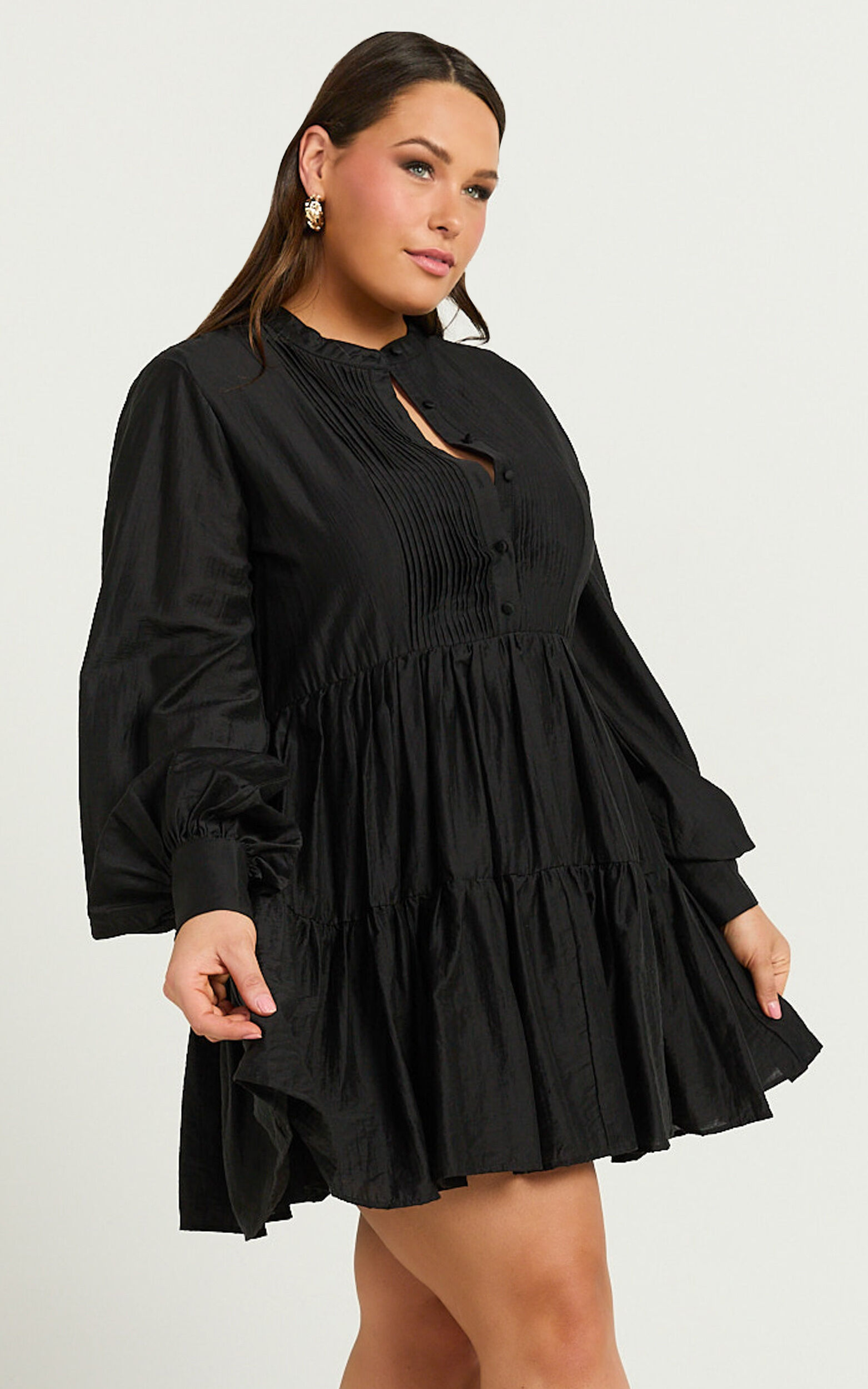 Kyra Mini Dress - Pin Tuck Detail Tiered Shirt Dress in Black