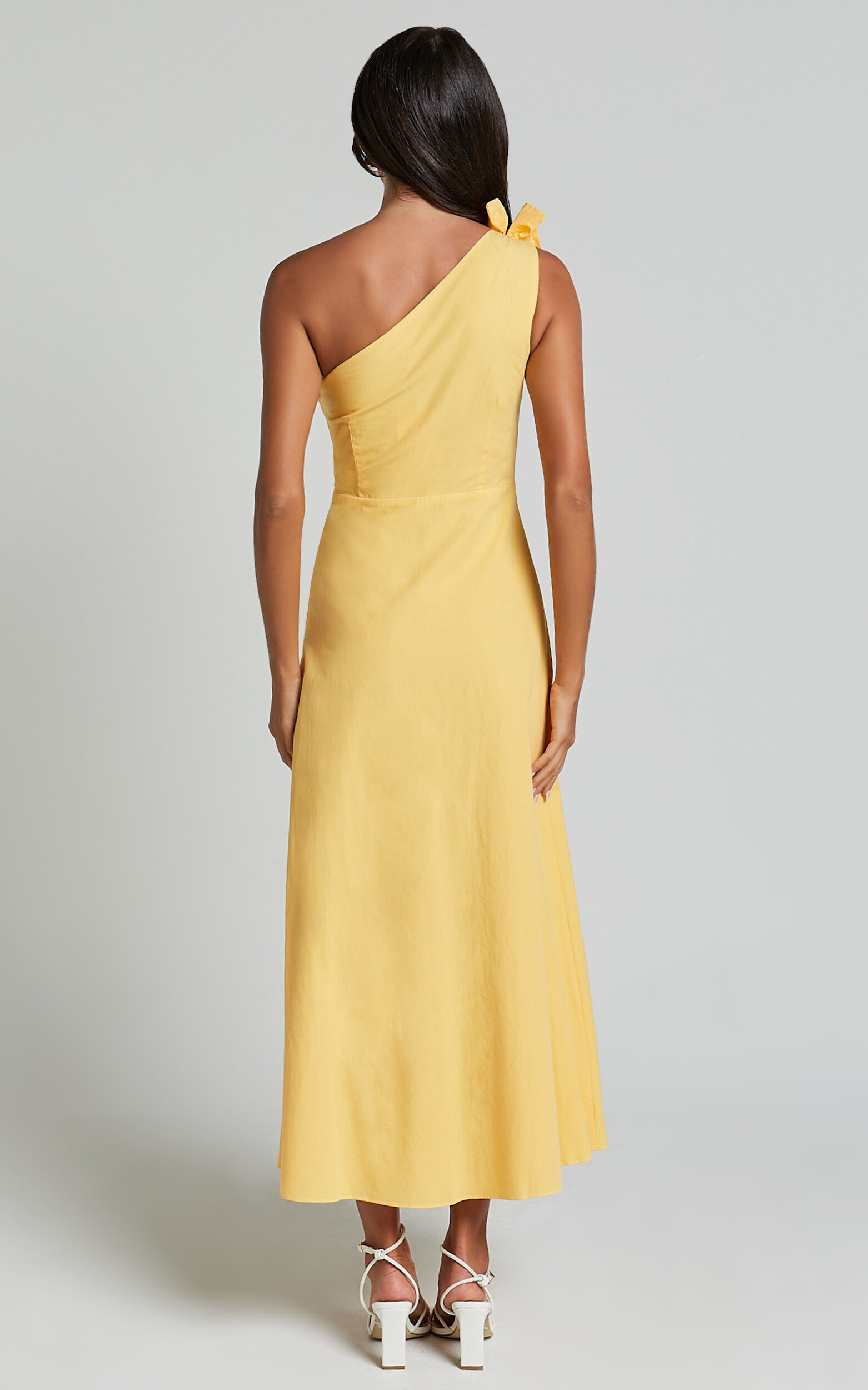 Rita Midi Dress - One Shoulder Ruffle Detail Dress in Yellow