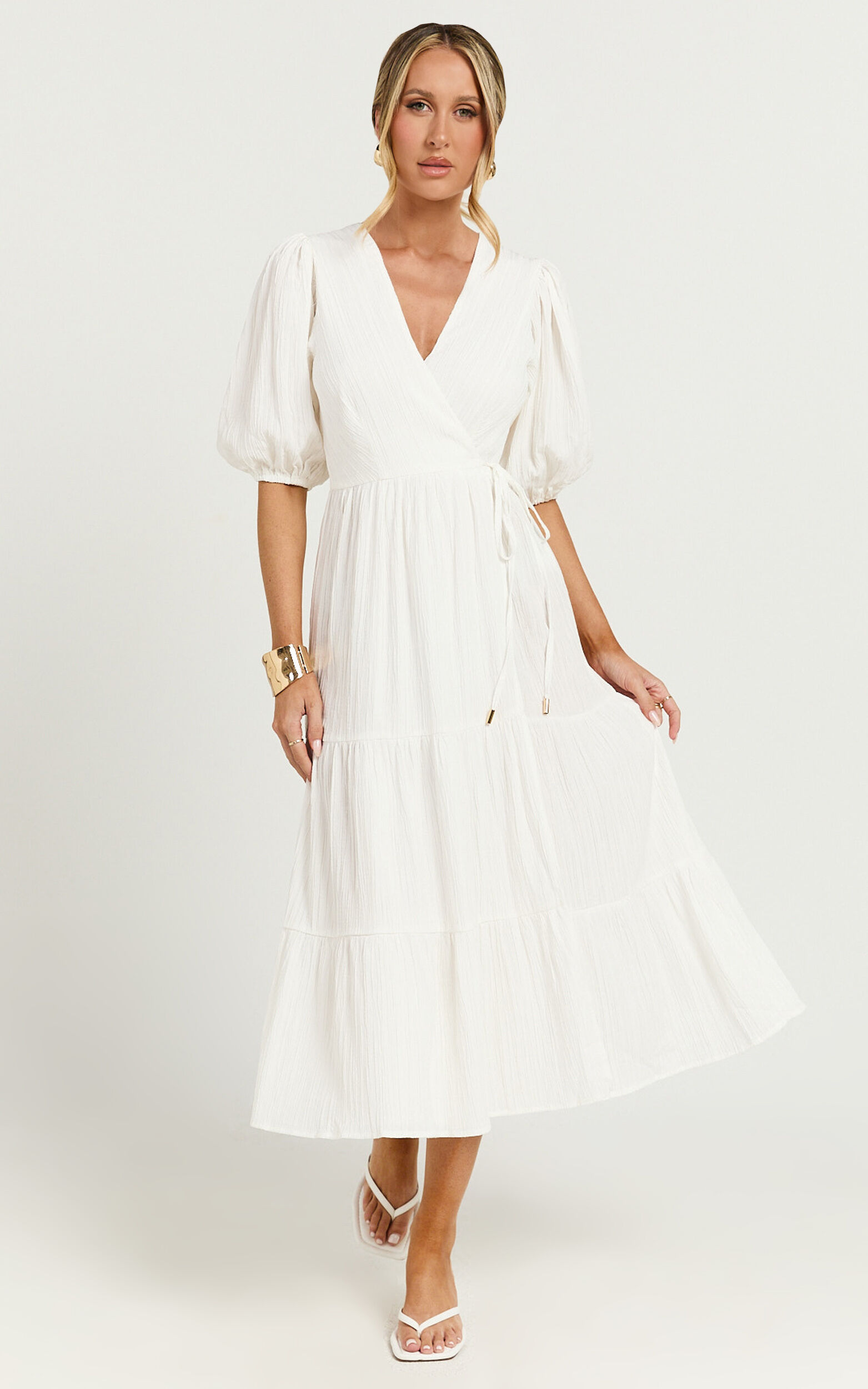 Junmae Midi Dress - Tiered Waffle Wrap Dress in Ivory