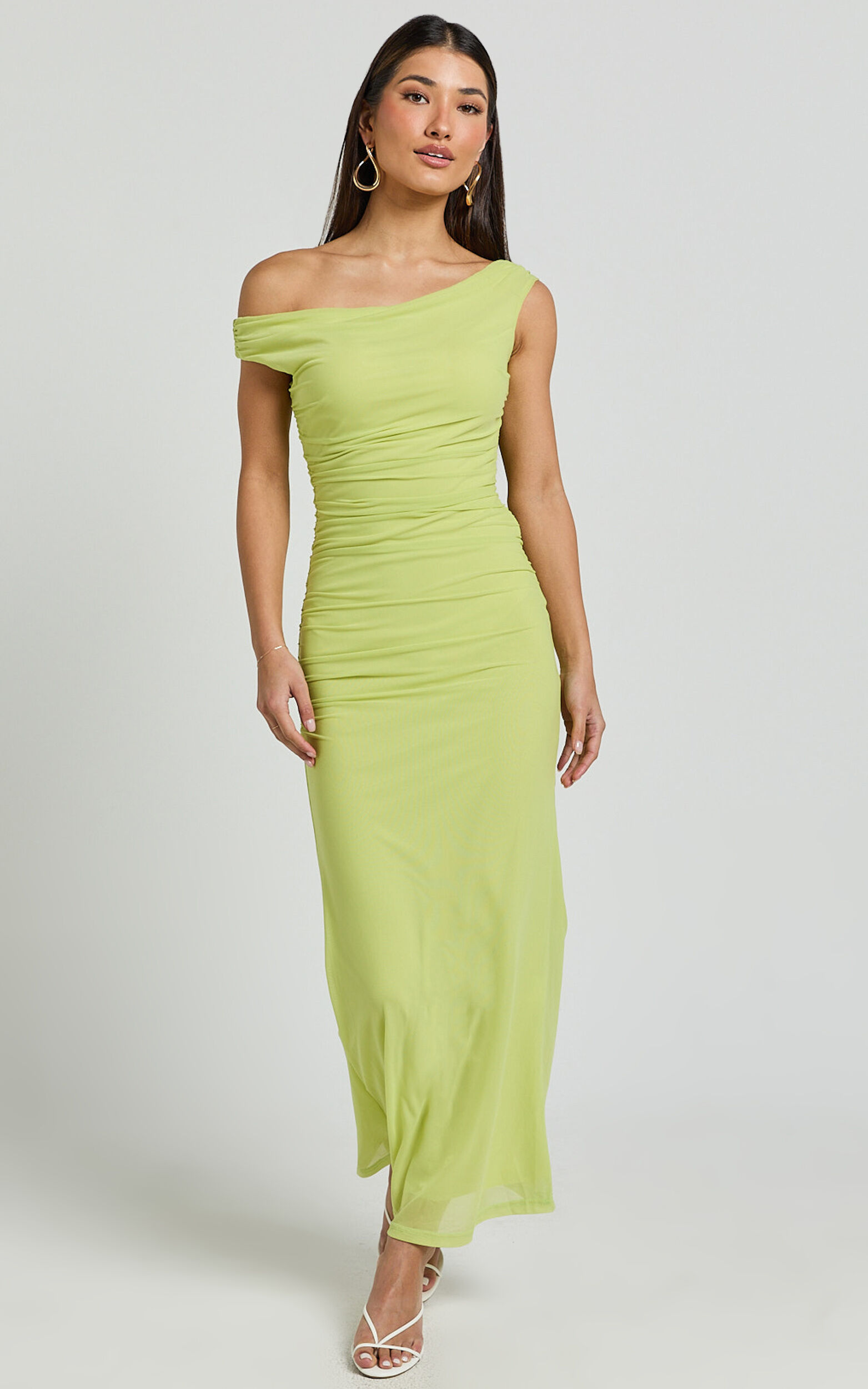 Vicky Midi Dress - Off the Shoulder Slip Dress in Lime