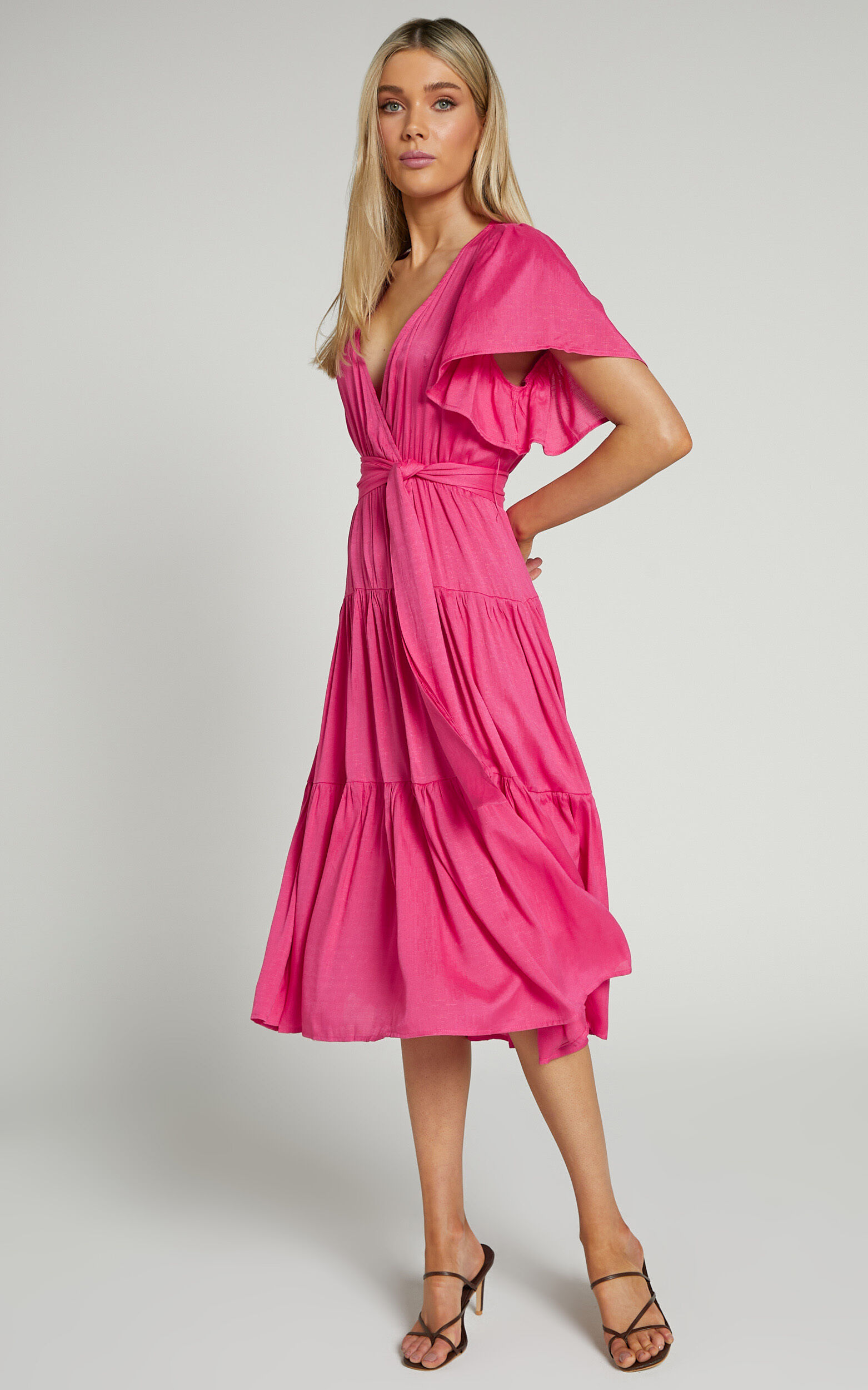 Marielle Midi Dress - Wrap Bodice Tiered Belted Dress in Pink