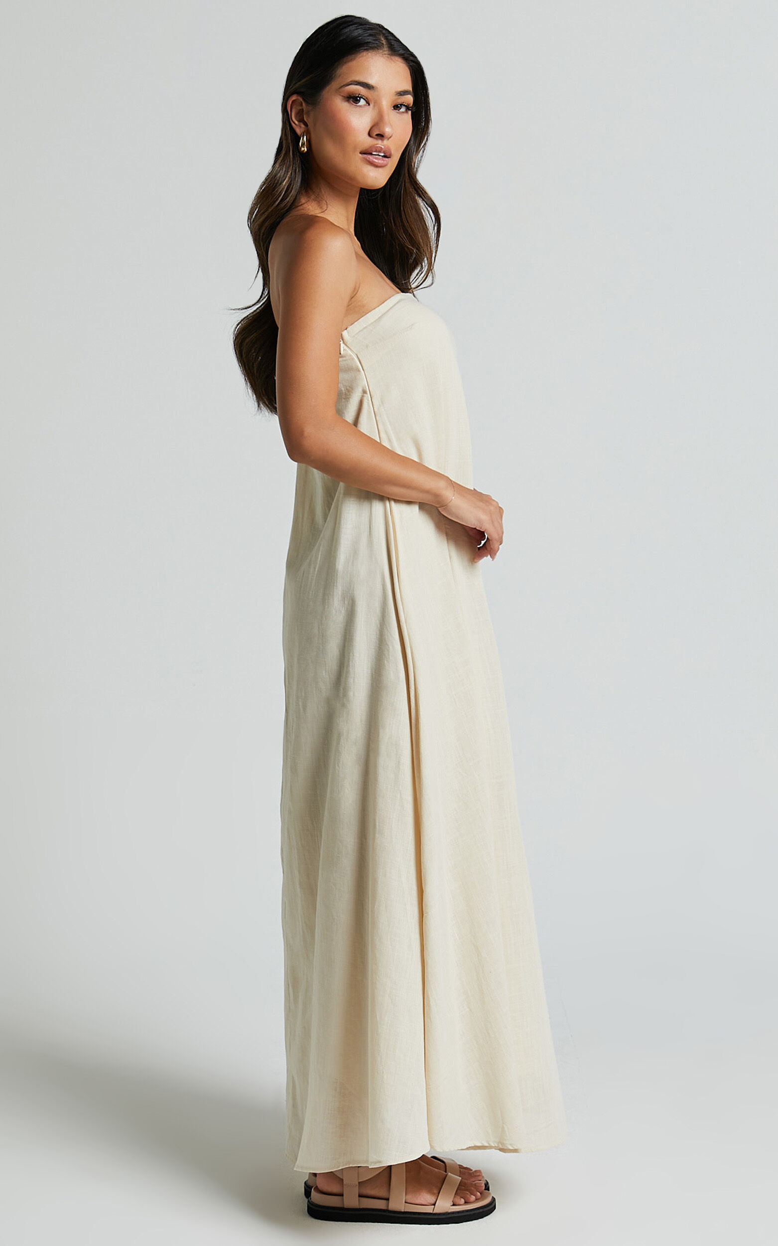 Adessa Maxi Linen Dress - Strapless A Line Dress in Beige