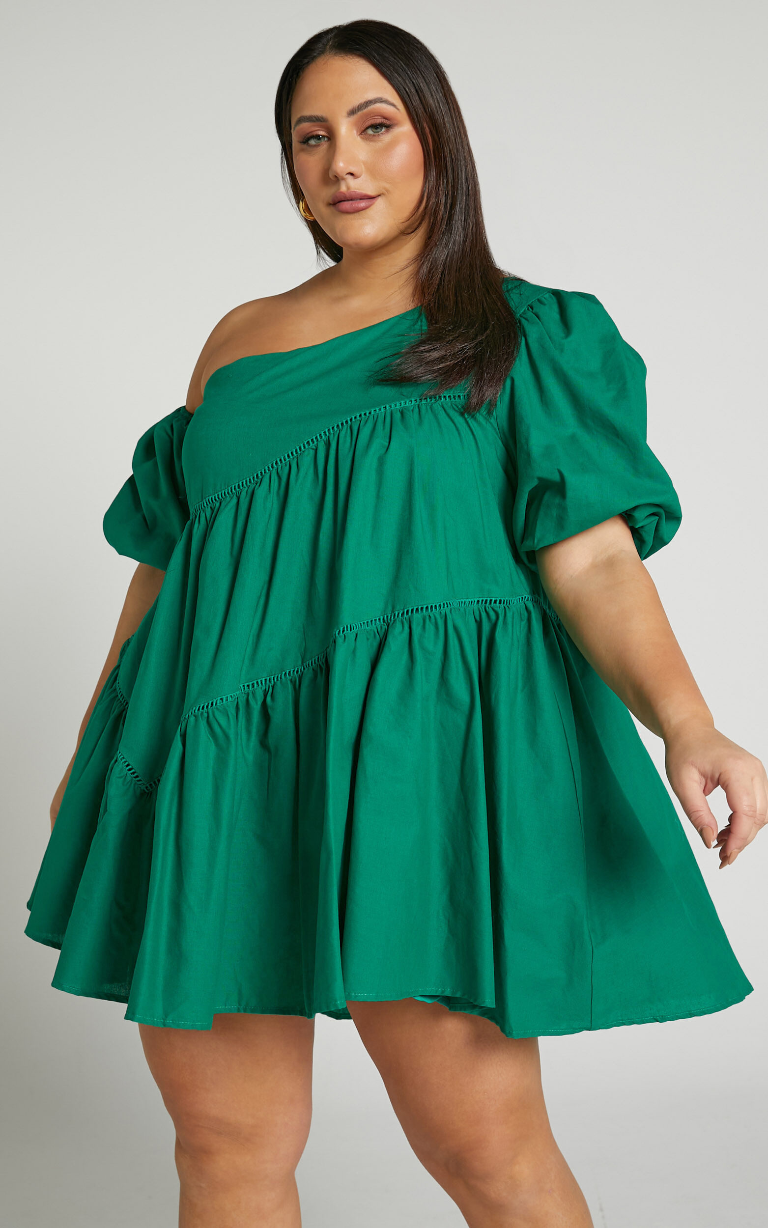 Harleen Mini Dress - Linen Asymmetrical Trim Puff Sleeve Dress in Green