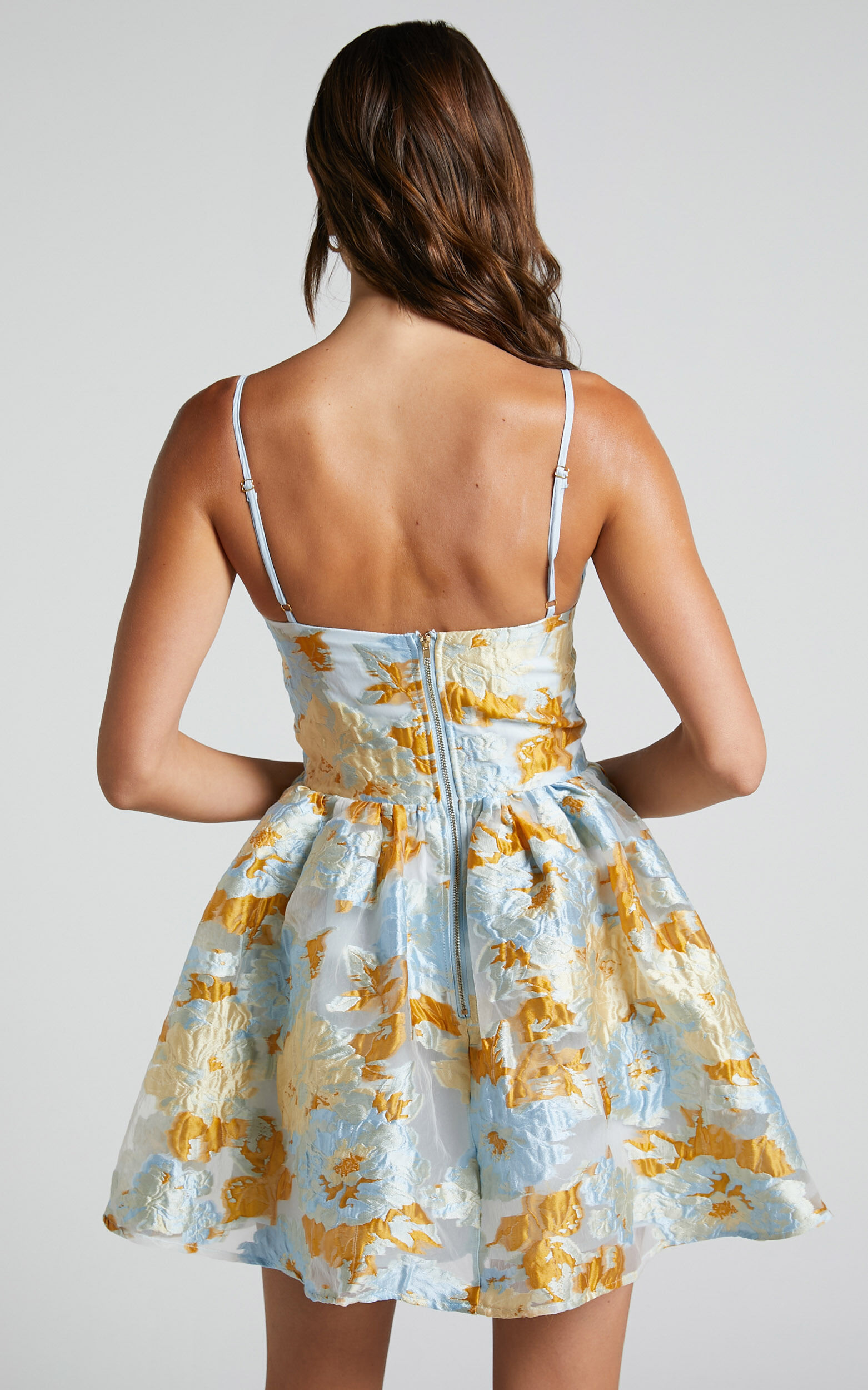 Brailey Mini Dress - Sweetheart Bustier Dress in Blue Jacquard