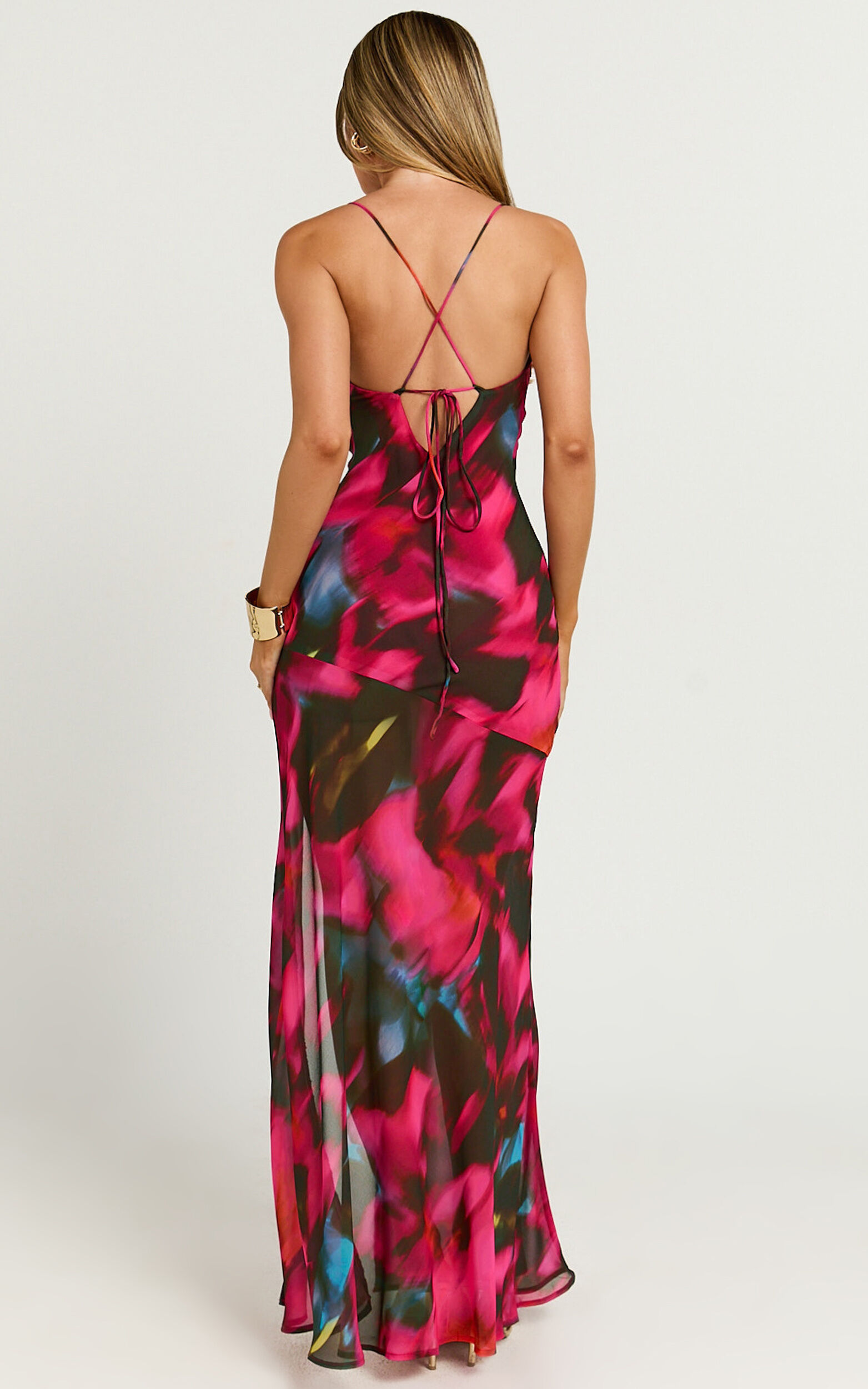 Talia Maxi Dress - Cowl Neck Low Back Dress in Hyper Tropical Print