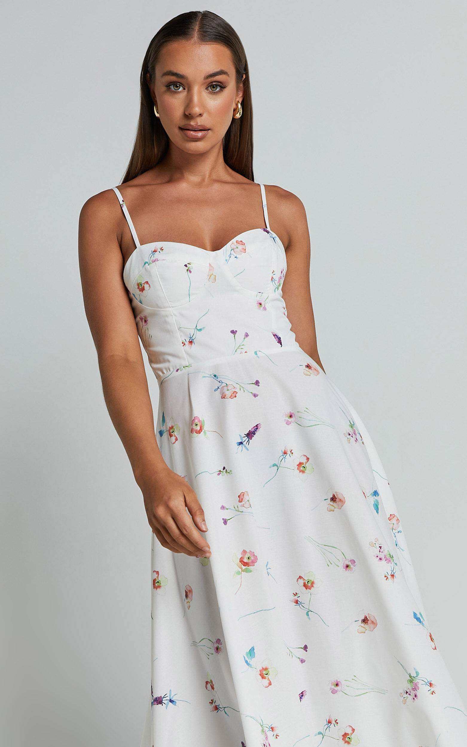 Robertson Midi Dress - Strappy Sweetheart Bustier Flare Dress in Painterly Wild Flower