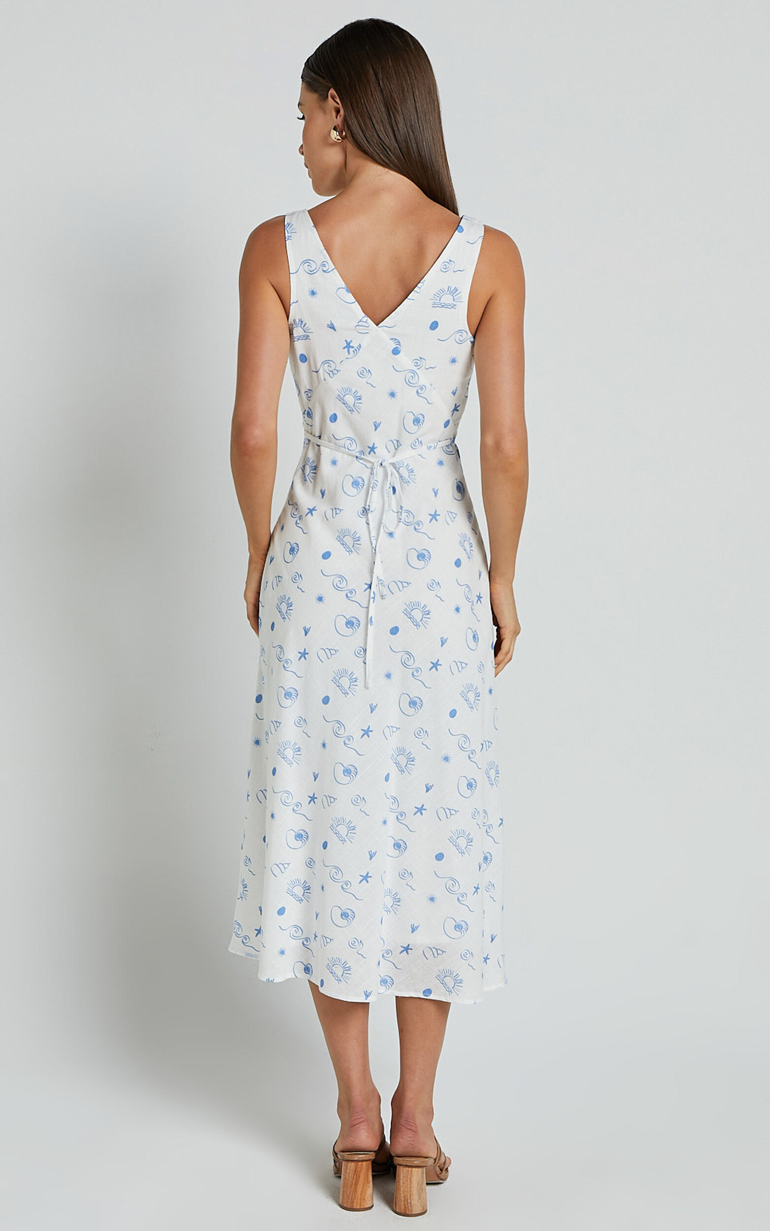 Becca Midi Dress - Ruched Bust Sleeveless V Neck Dress in Blue Print