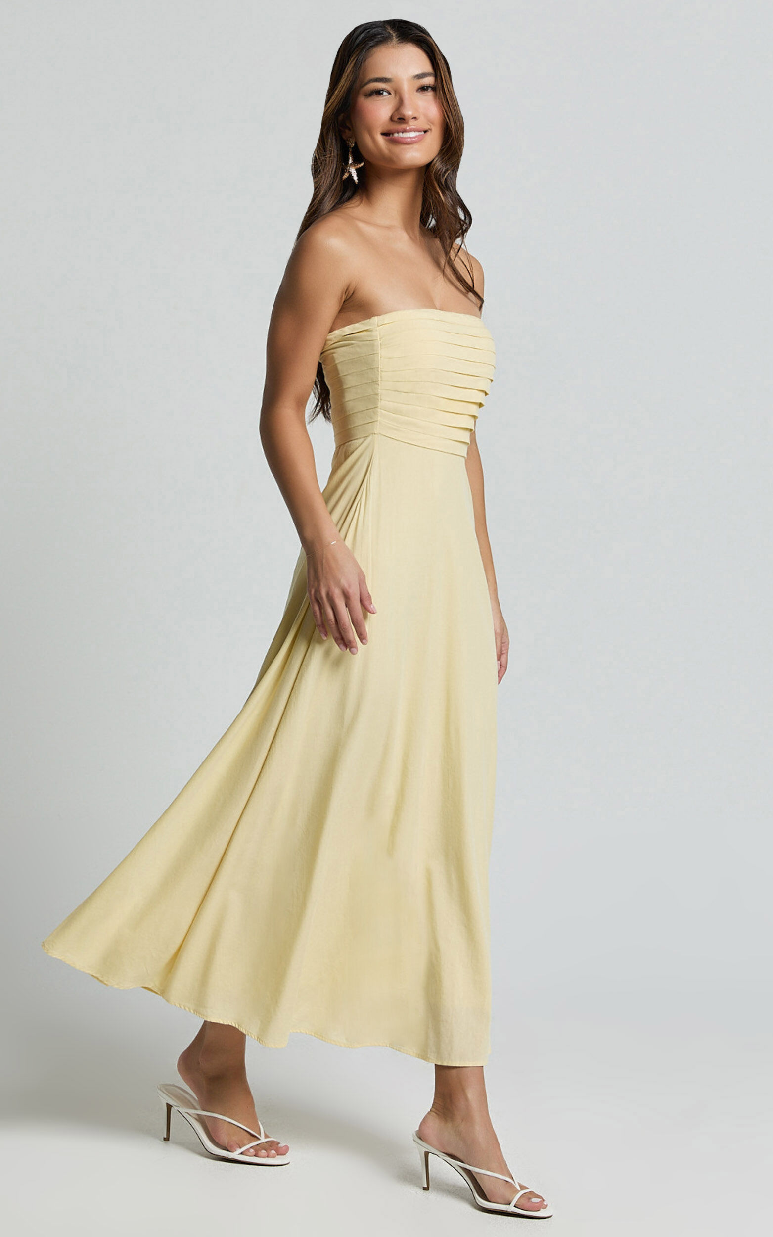 Barbra Midi Dress - Strapless Ruched Bodice Dress in Lemon
