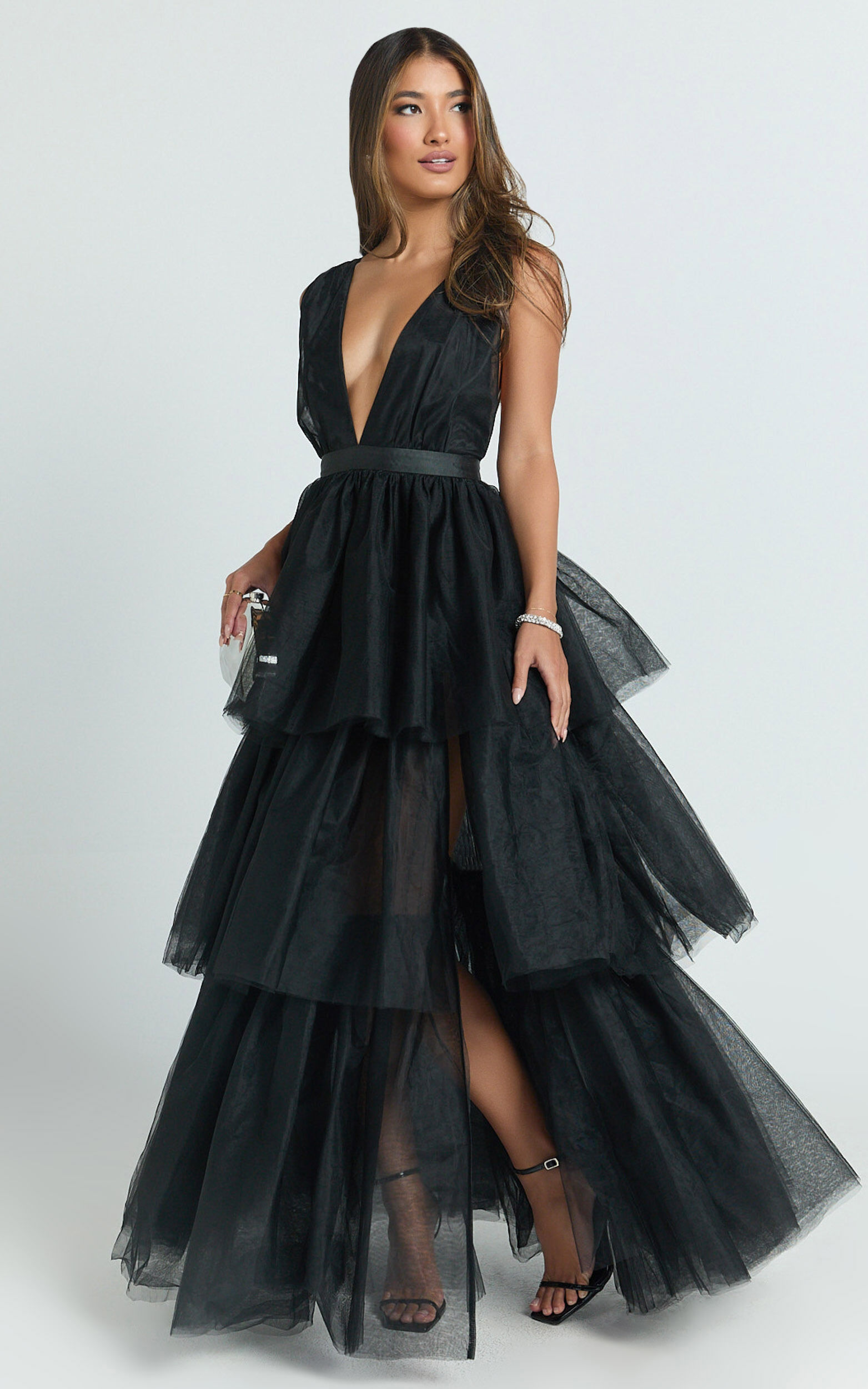 Jemma Maxi Dress - Tiered Tulle Plunge Cross Back Dress in Black