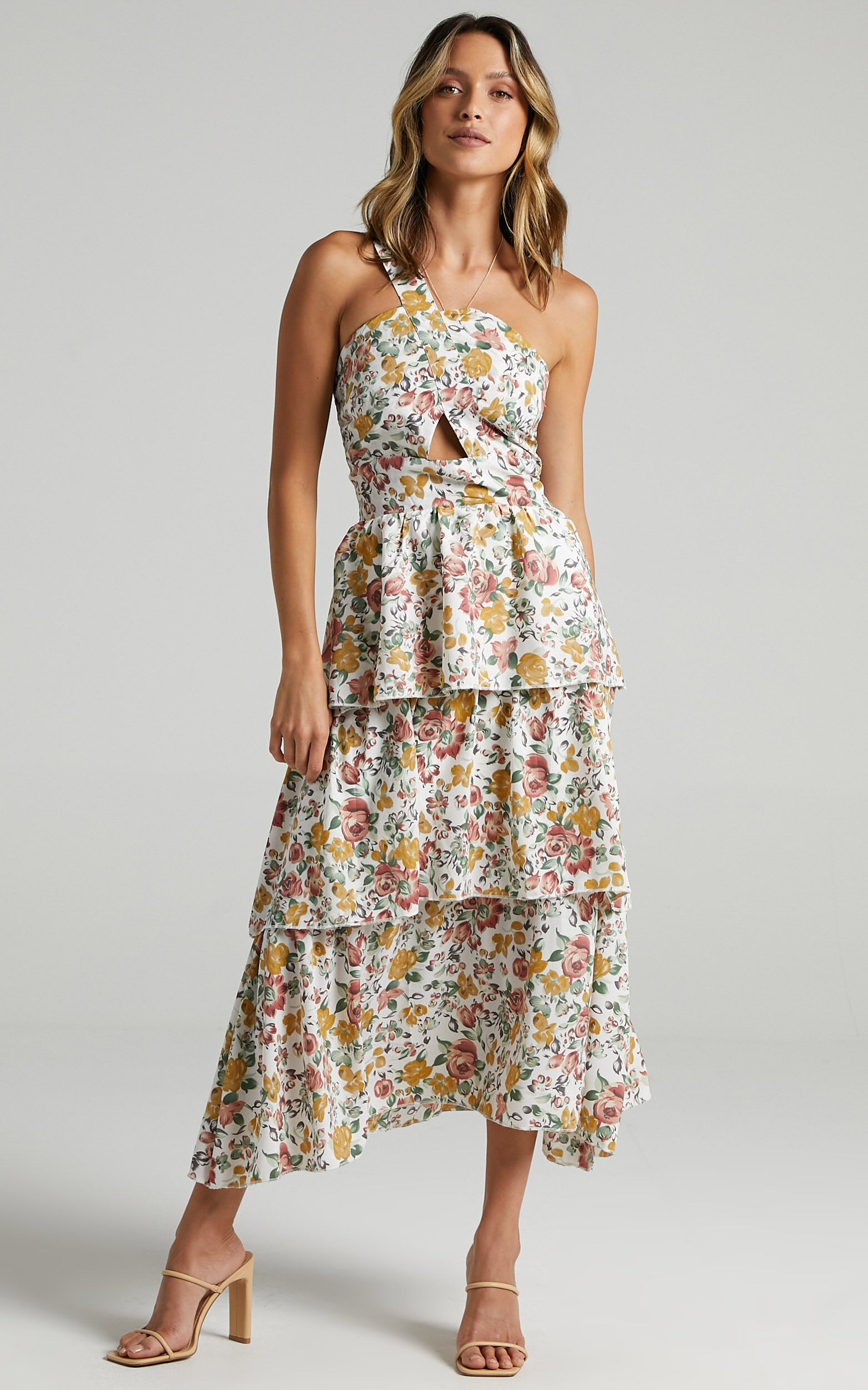 Caro Midi Dress - One Shoulder Tiered Dress in Multi Floral