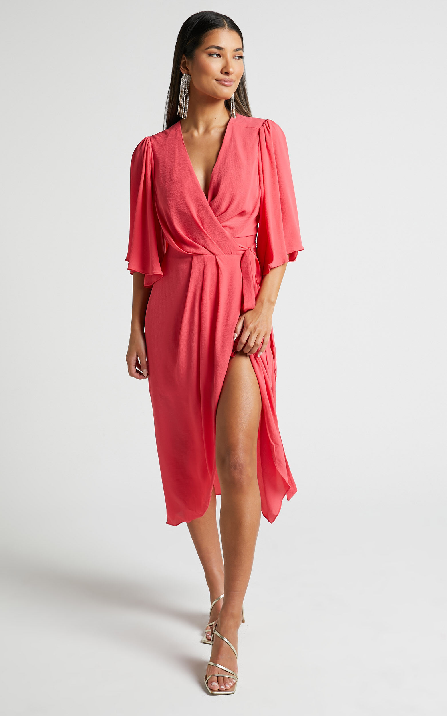 Meagan Midi Dress - V Neck Flutter Sleeve Pleated Detail Wrap in Pink