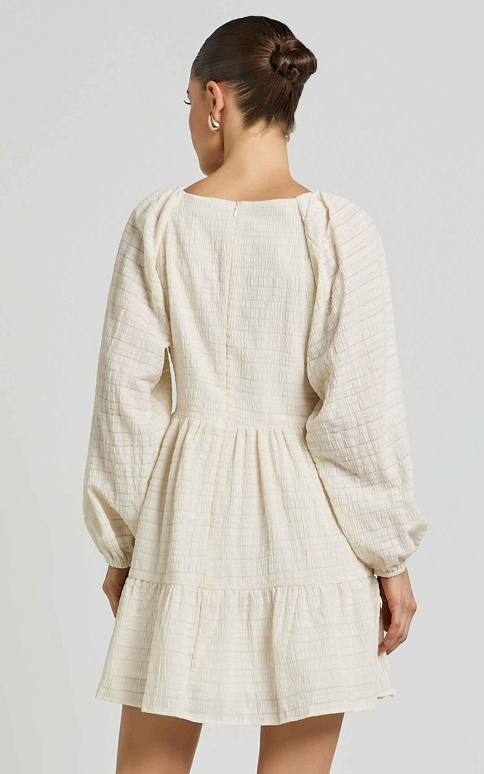 Chaney Mini Dress - Long Sleeve Tie Front Smock Dress in Ivory