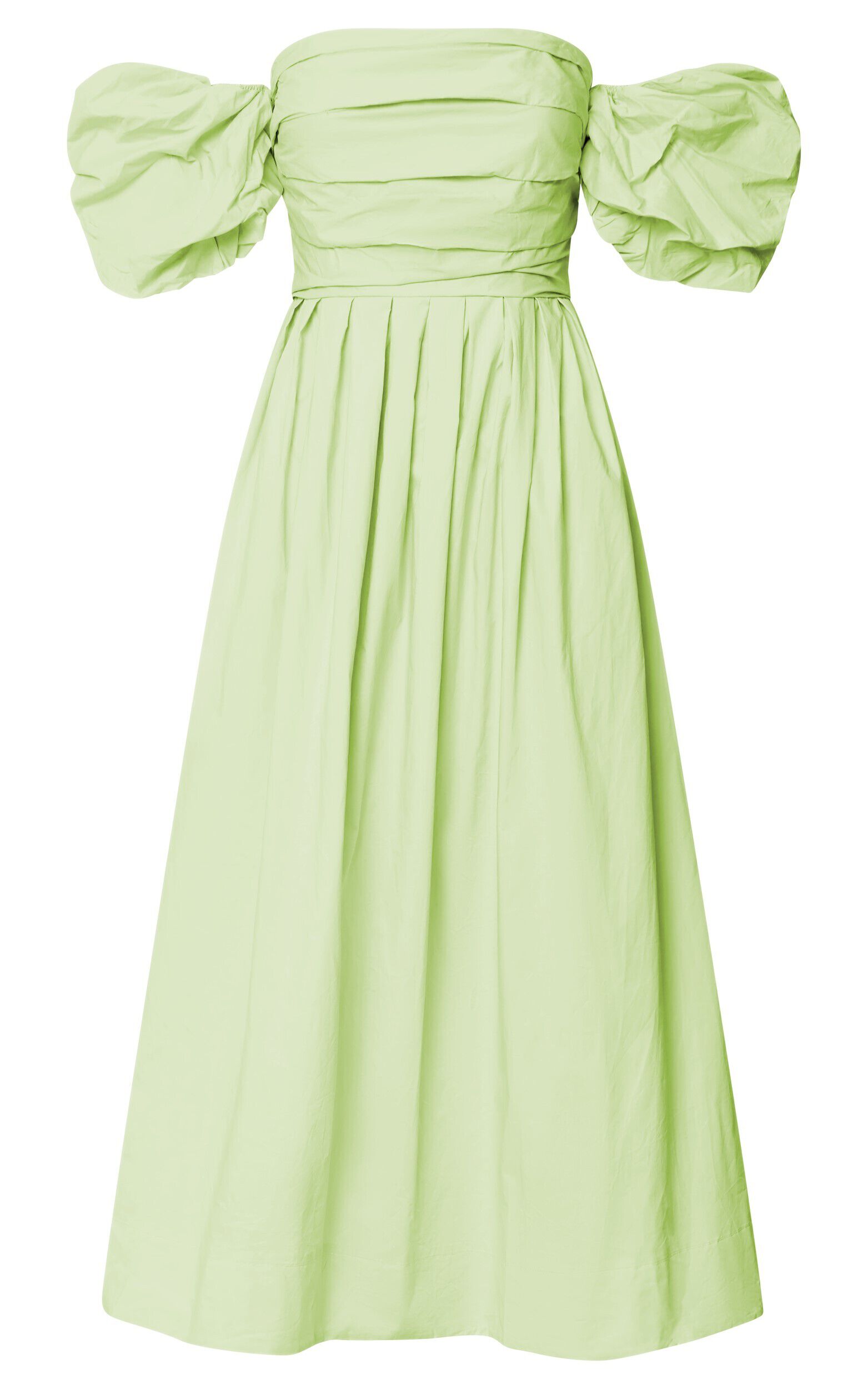 Annie Midi Dress - Off The Shoulder Ruffle Sleeve Pleated Dress in Lime