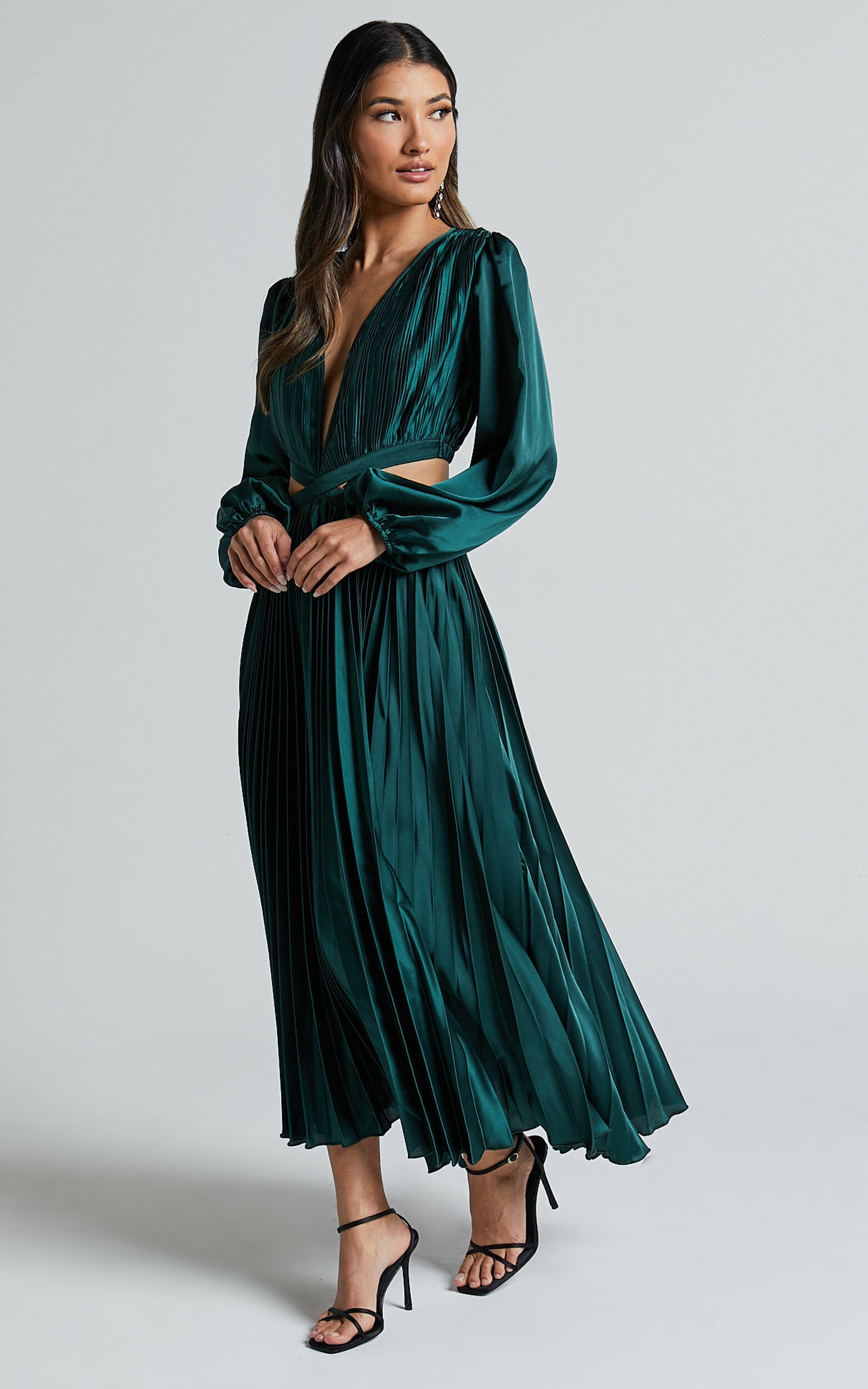 Jade Midi Dress - Side Cut Out Pleated Balloon Sleeve Dress in Emerald Green