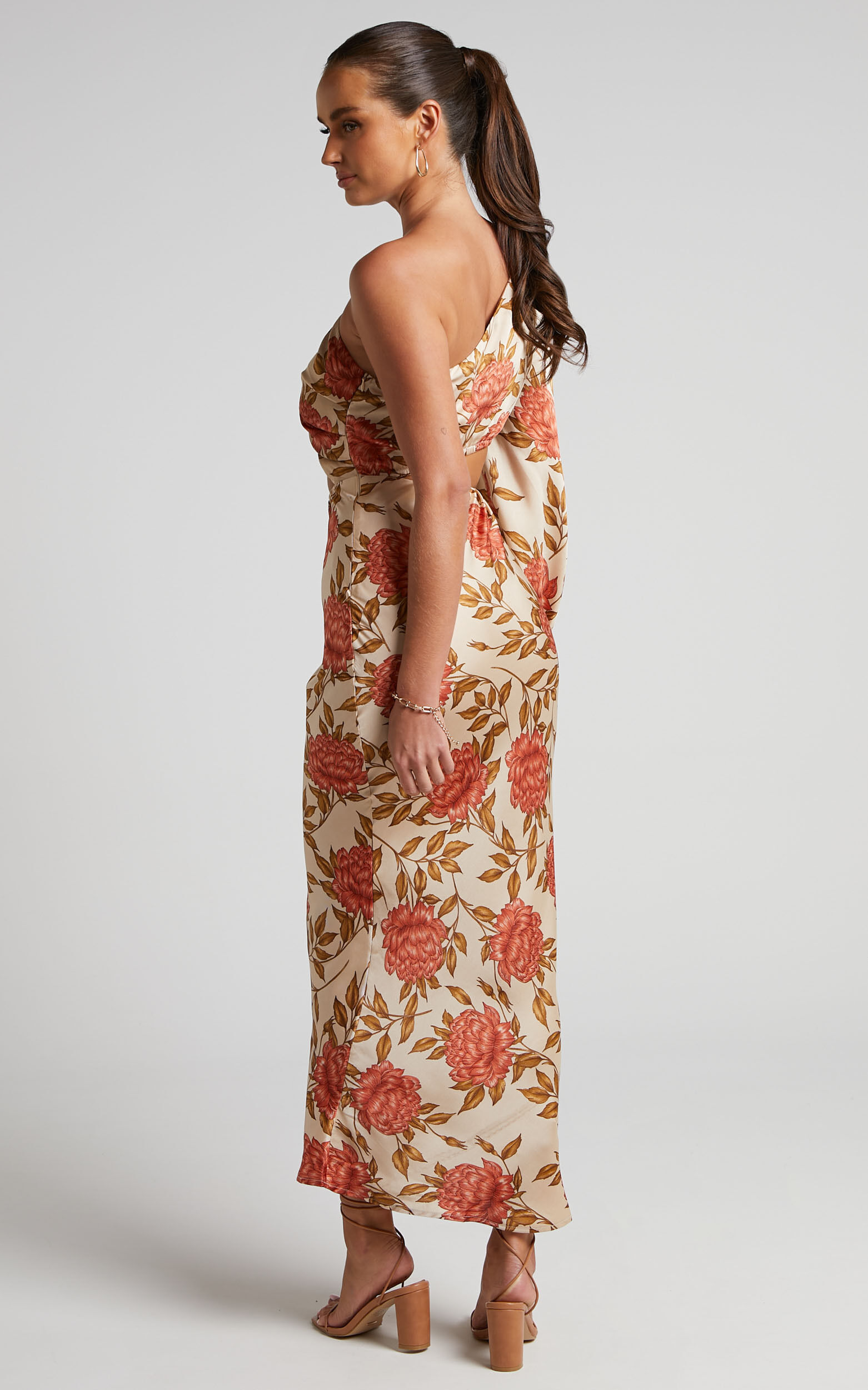 Abagail Midi Dress - One Shoulder Cut Out Dress in Beige Floral