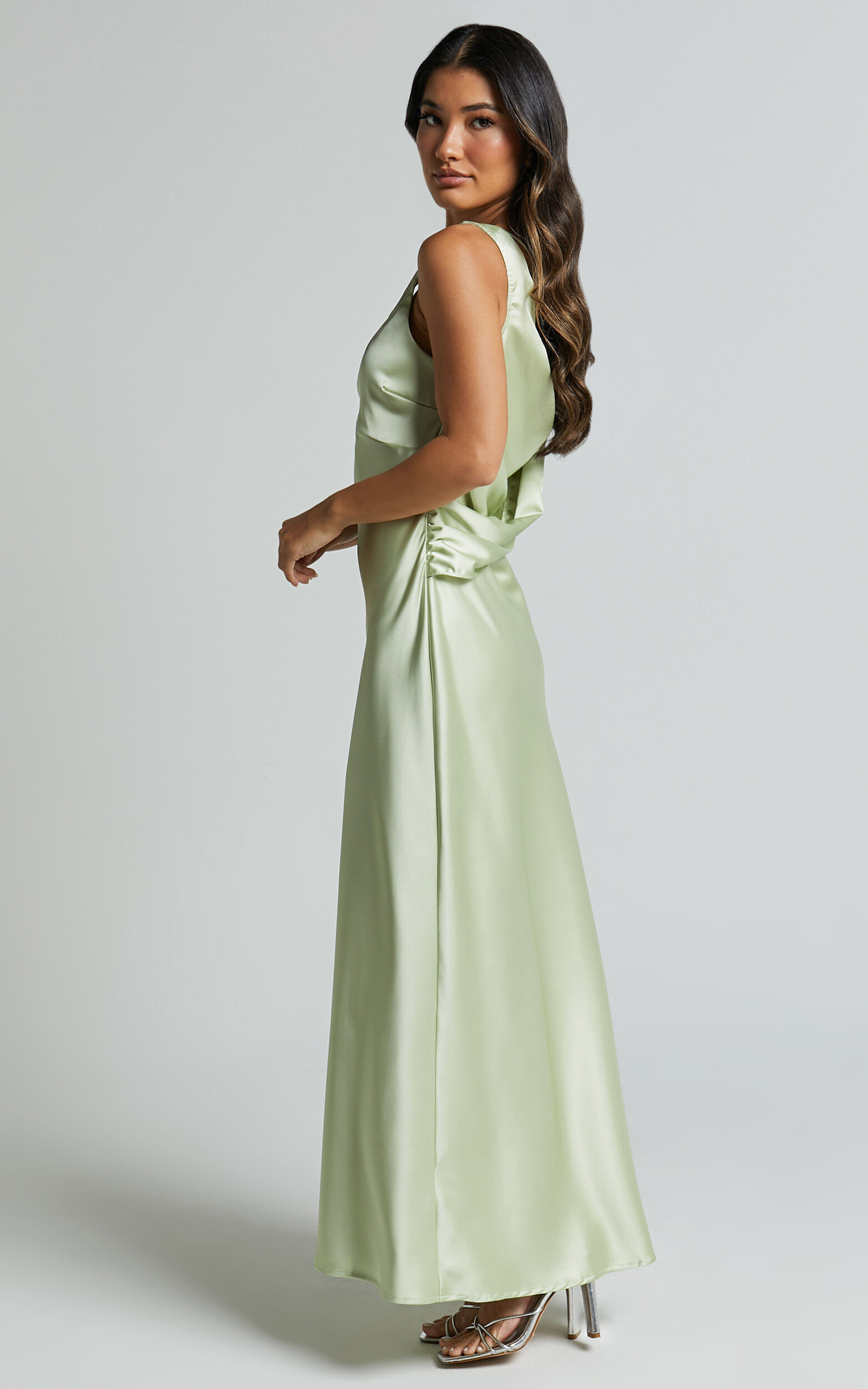 Bettina Midi Dress- Deep V Cross Back Satin Dress in Apple Green