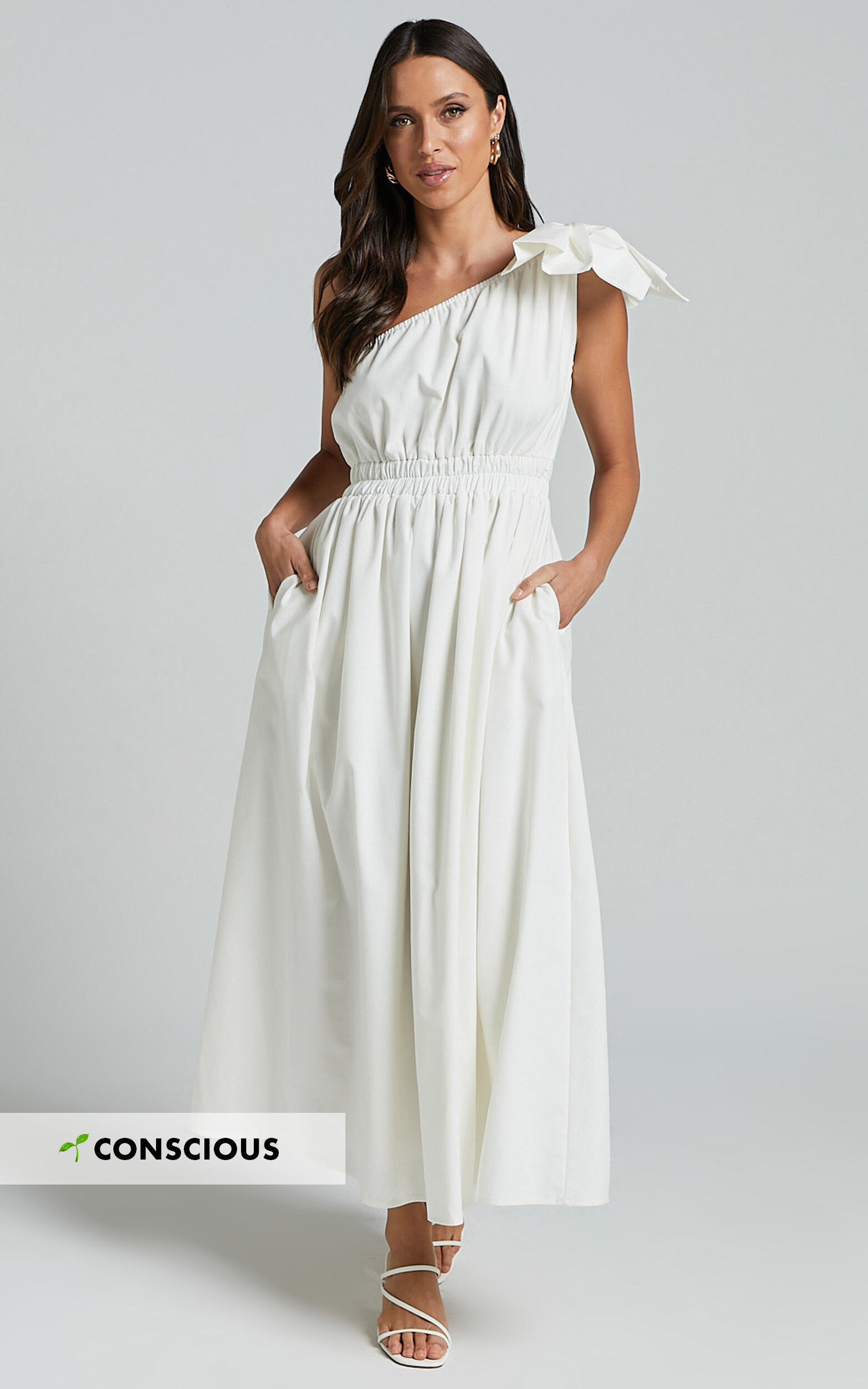 Alby Midi Dress - One Shoulder Bow Dress With Elasticated Waist in White