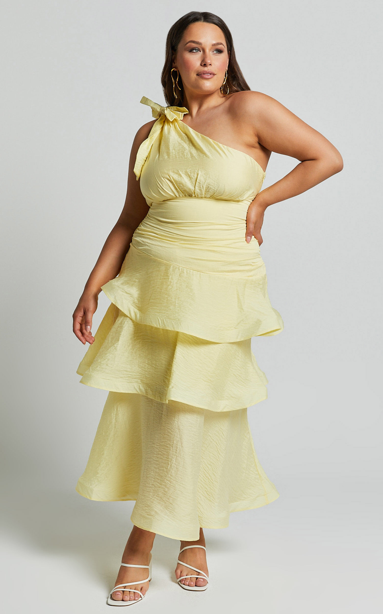 Eugenia Midi Dress - One Shoulder Fit and Flare Layered Dress in Yellow