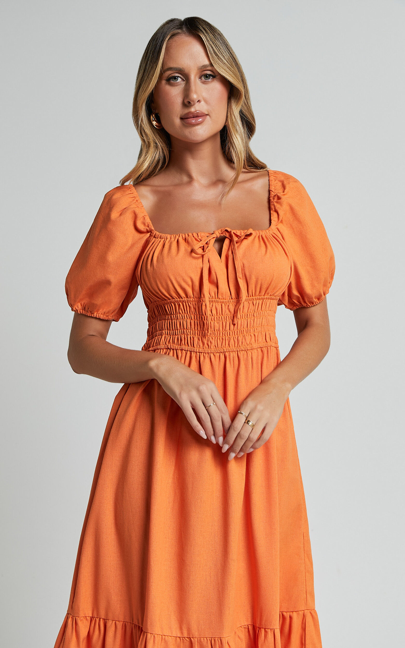 Claritza Midi Dress - Linen Look Short Puff Sleeve Square Neck Tiered Dress in Sherbert