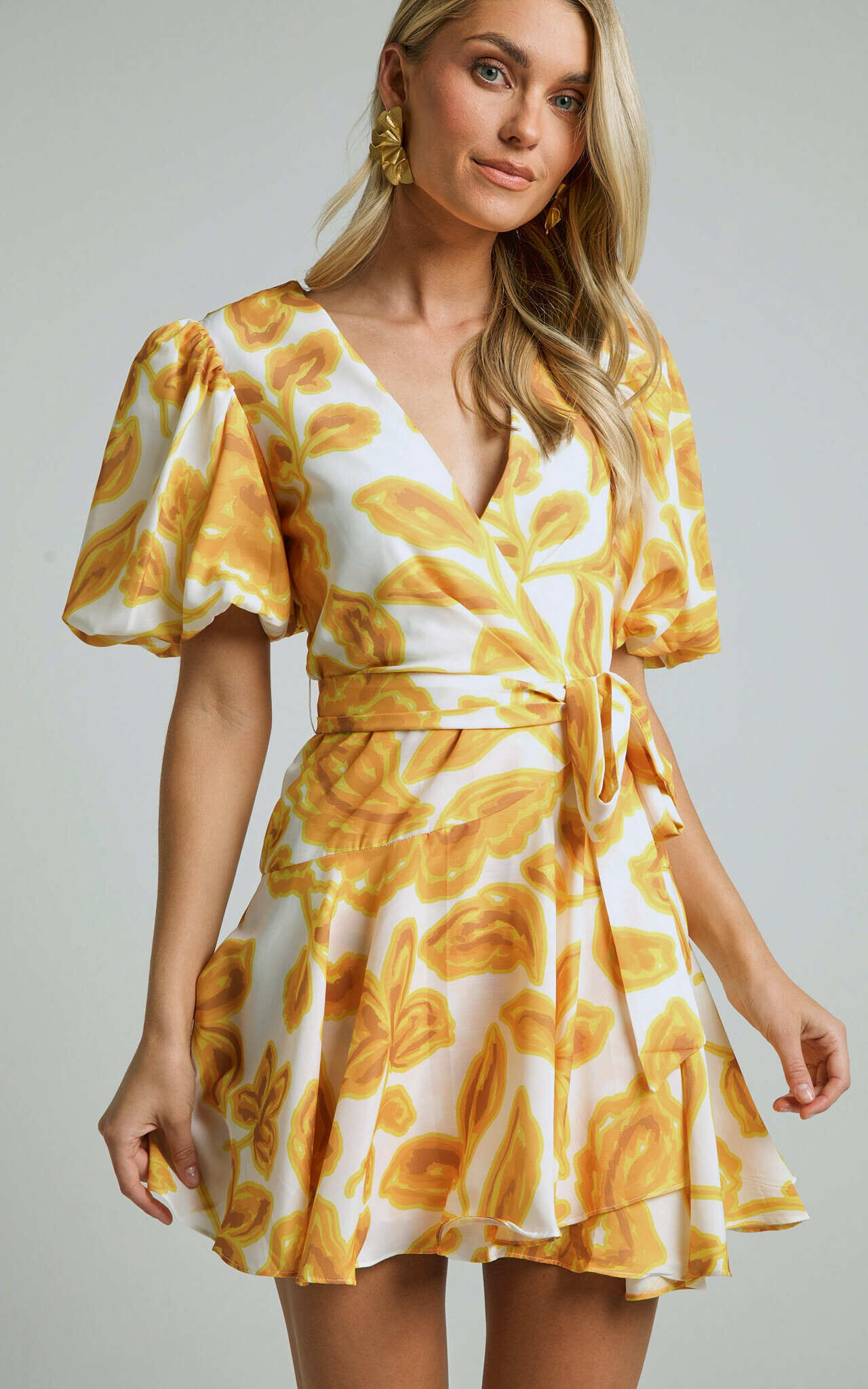 Aleka Mini Dress - V Neck Balloon Sleeve Wrap in Sunshine Floral