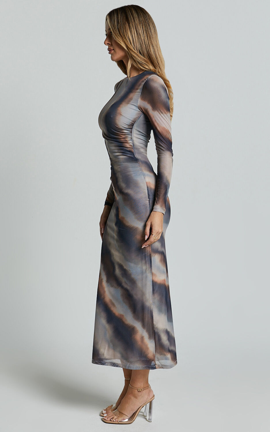 Zyra Midi Dress - High Neck Long Sleeve Mesh Dress in Tie Dye Print
