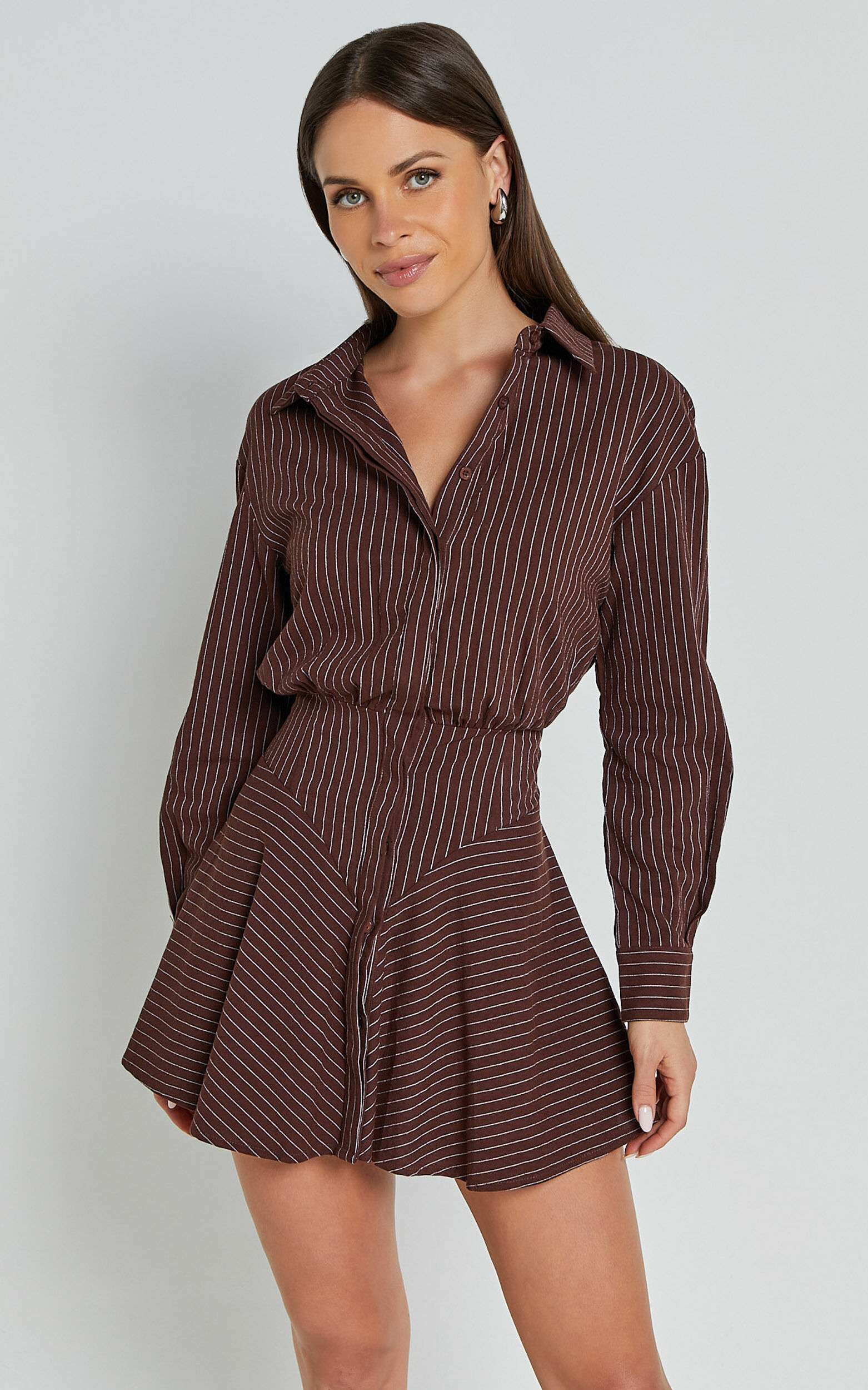 Whitney Mini Dress - Linen Long Sleeve Shirt Dress in Chocolate Pinstripe