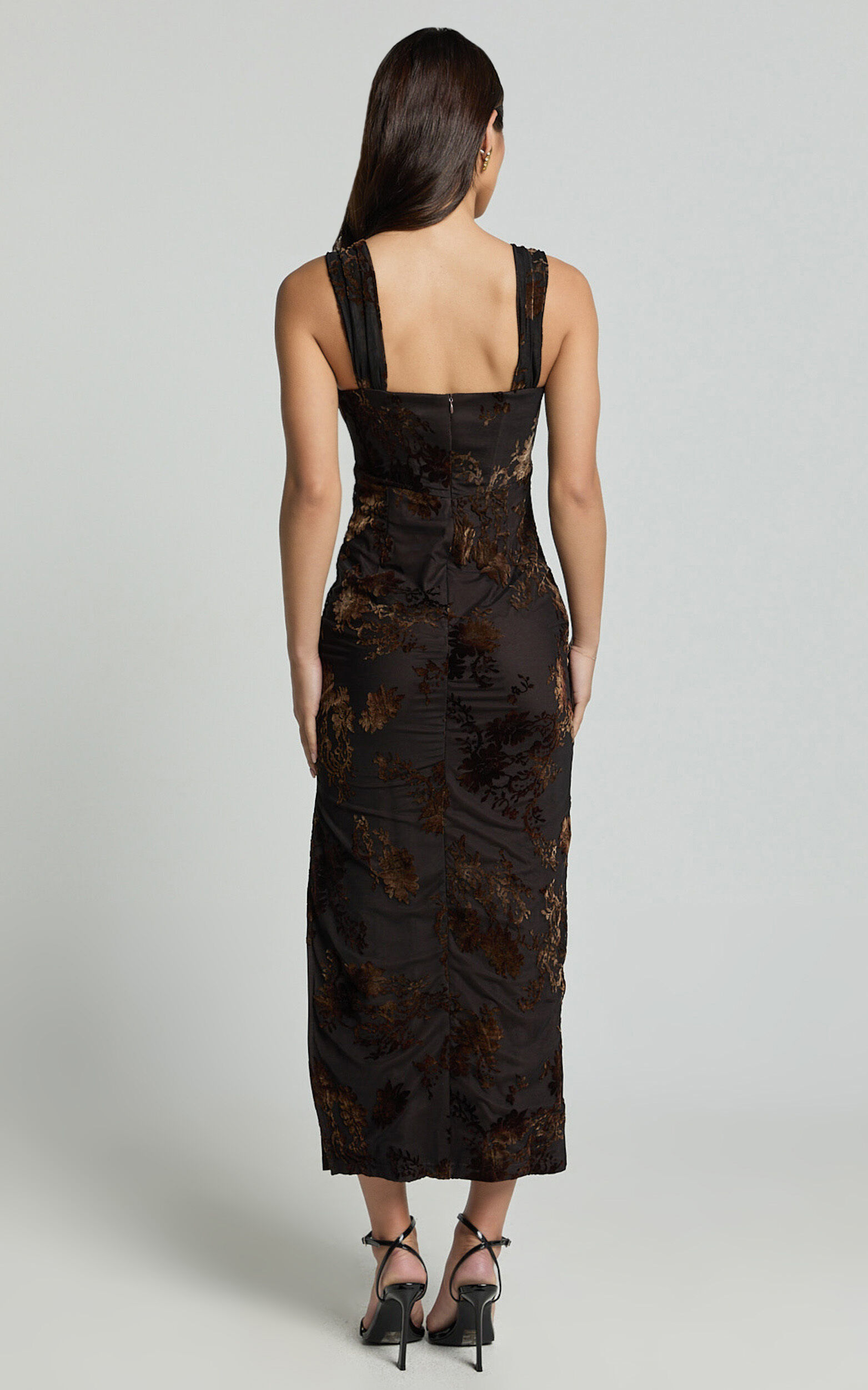 Karlene Midi Dress - Ruched Corset Burnout Dress in Black and Brown