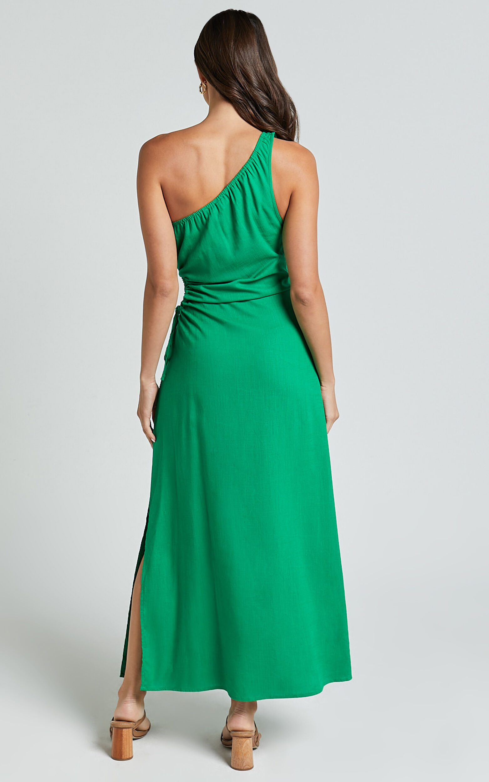 Kari Midi Linen Dress - One Shoulder Slip Dress in Green