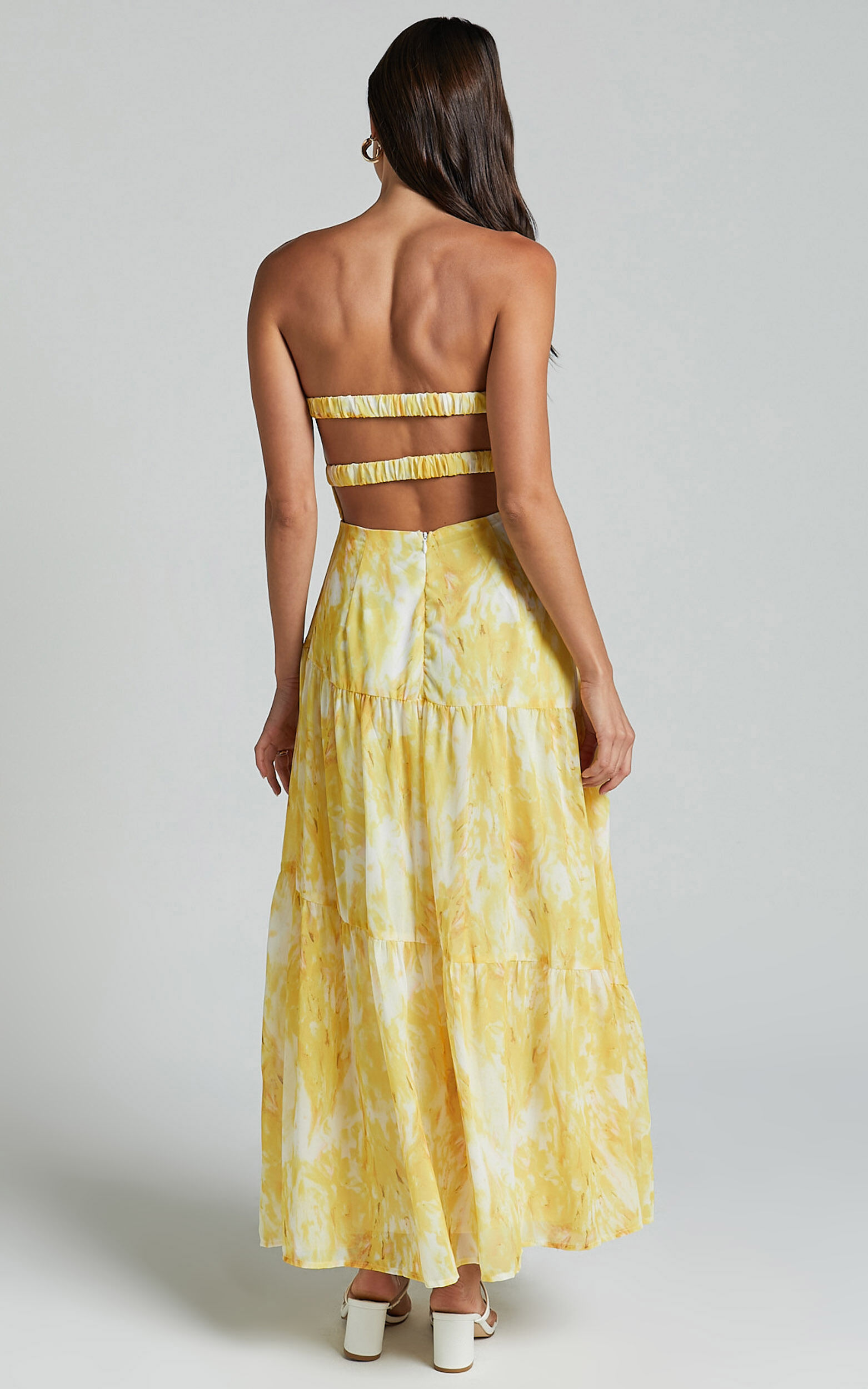 Cardelyn Midi Dress - Strapless Tiered Dress in Yellow Floral