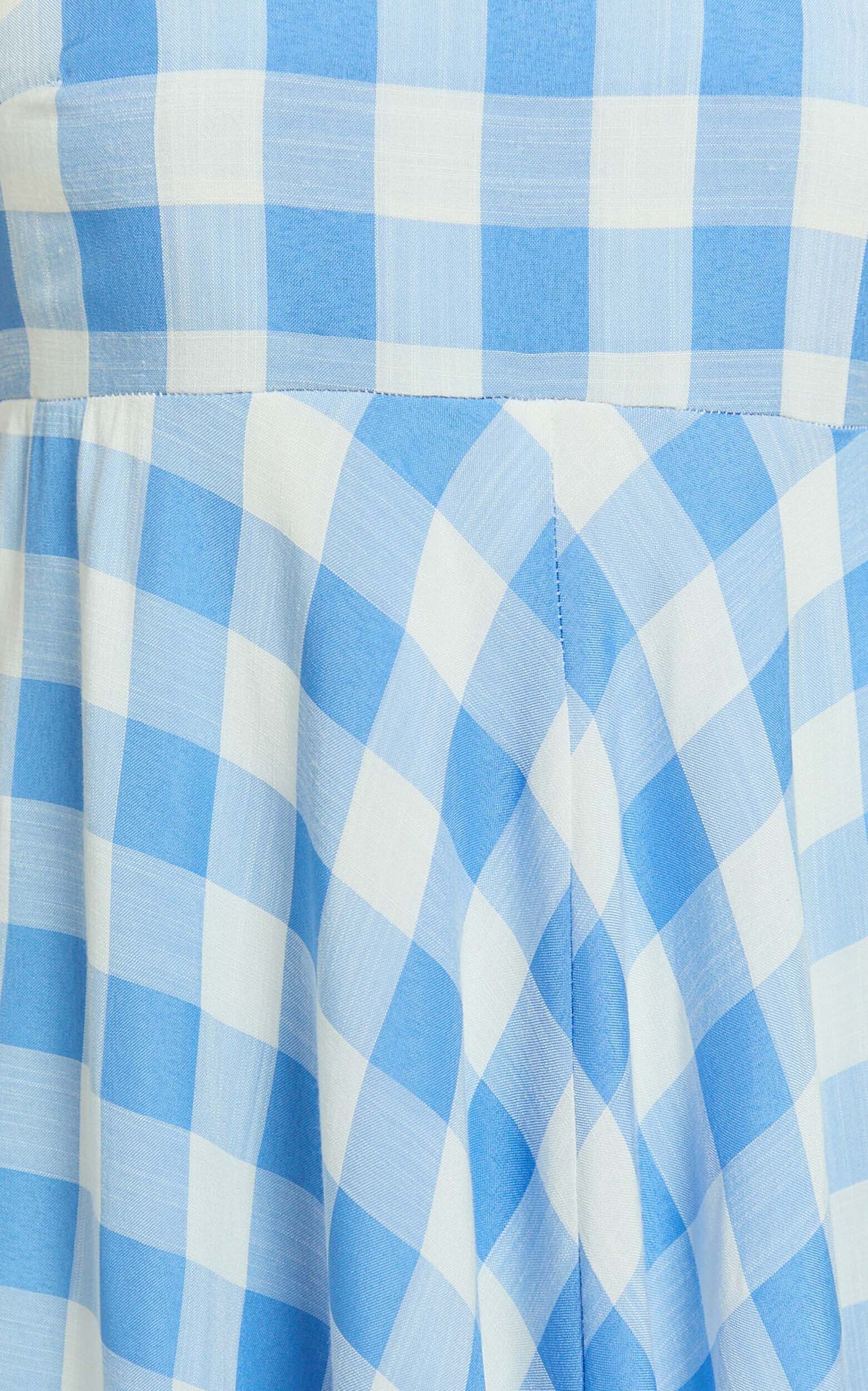 Katrien Maxi Dress - Strappy Empire Waist Flare Dress in Blue Check