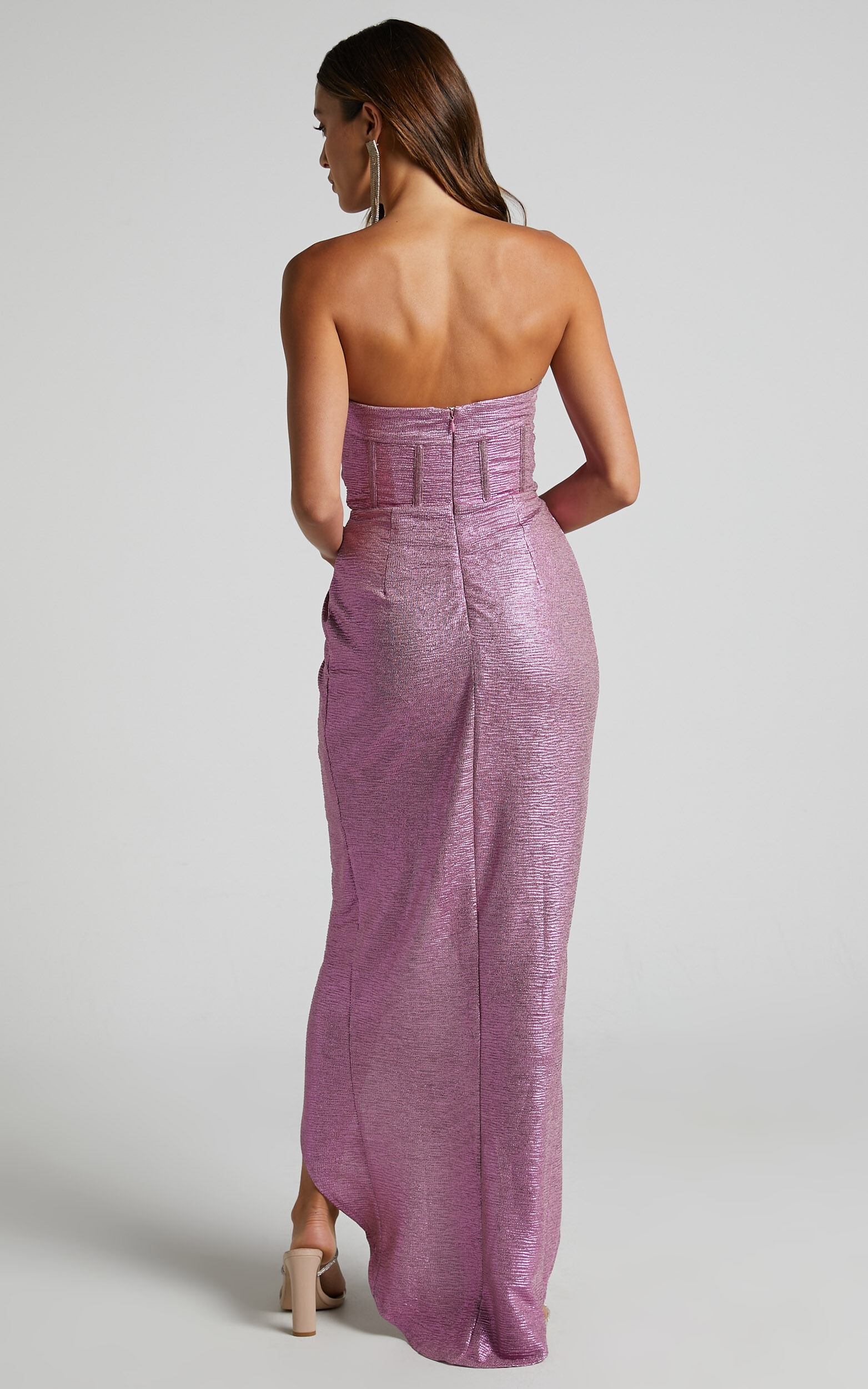 Adrie Midi Dress - Strapless Corset Bodice Dress in Pink