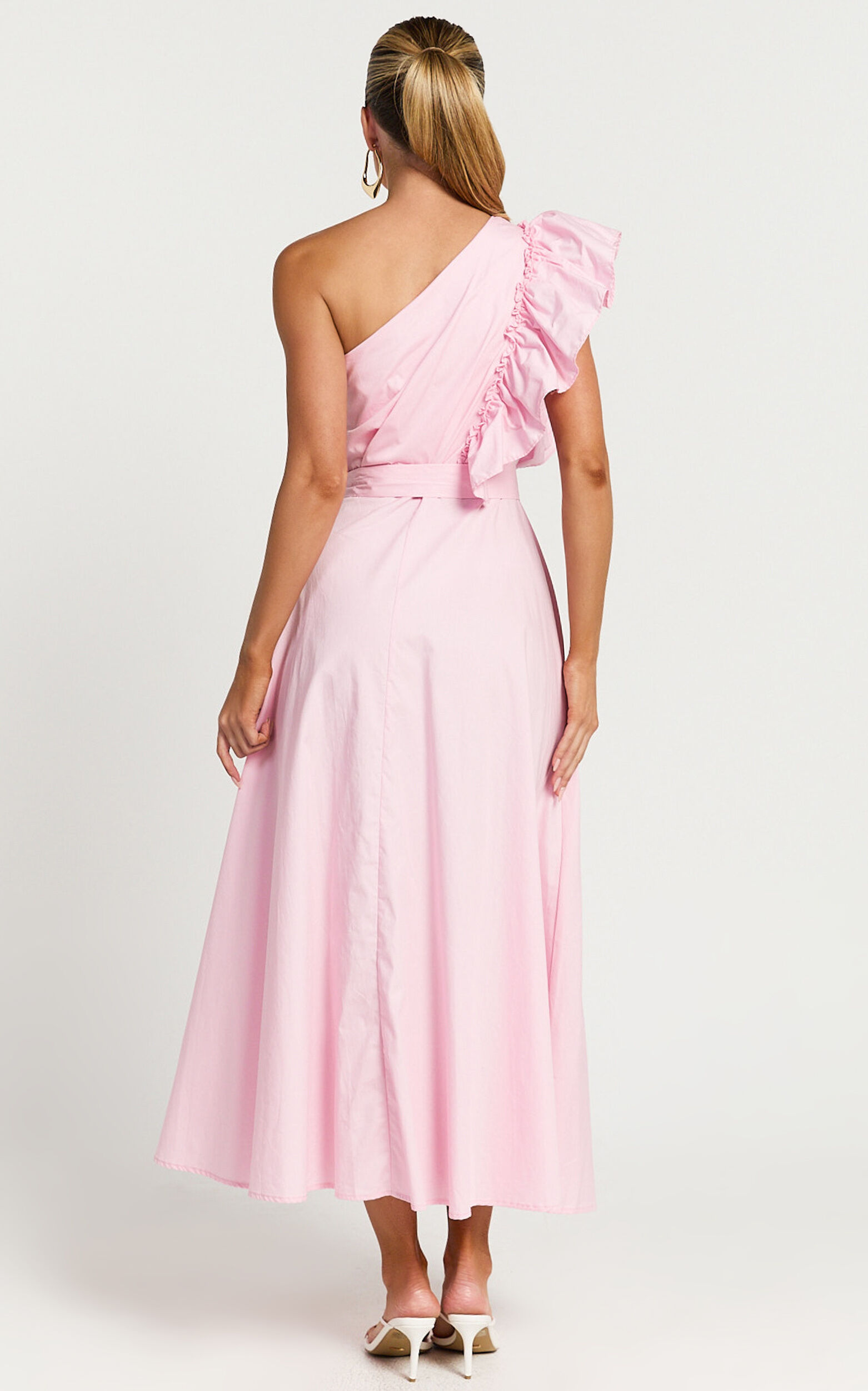 Almeida Midi Dress - One Shoulder Ruffle Detail Belted Dress in Pink